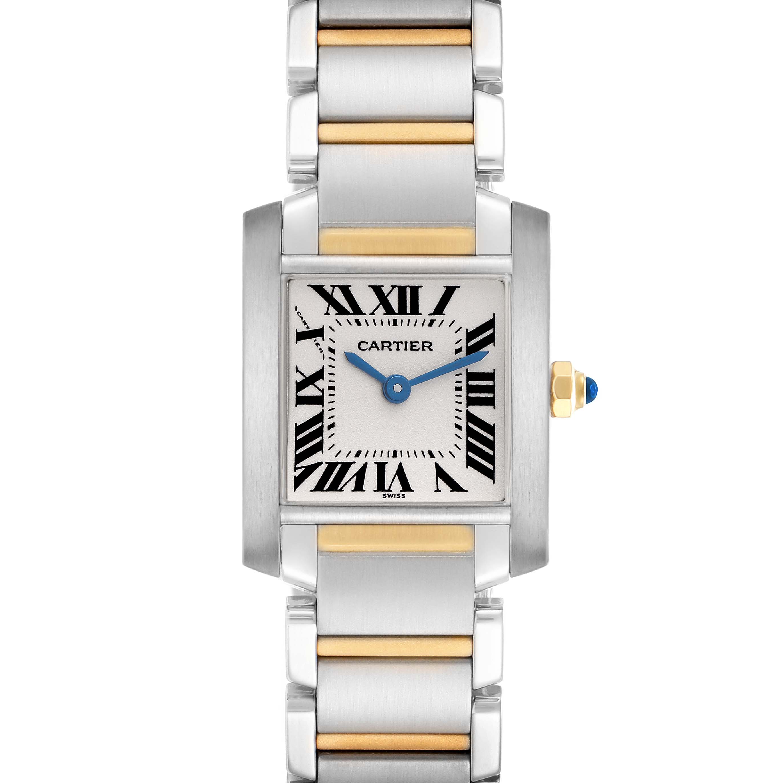 The Cartier Tank Française is shown from a front angle, highlighting its face, two-tone bracelet, and signature blue hands.