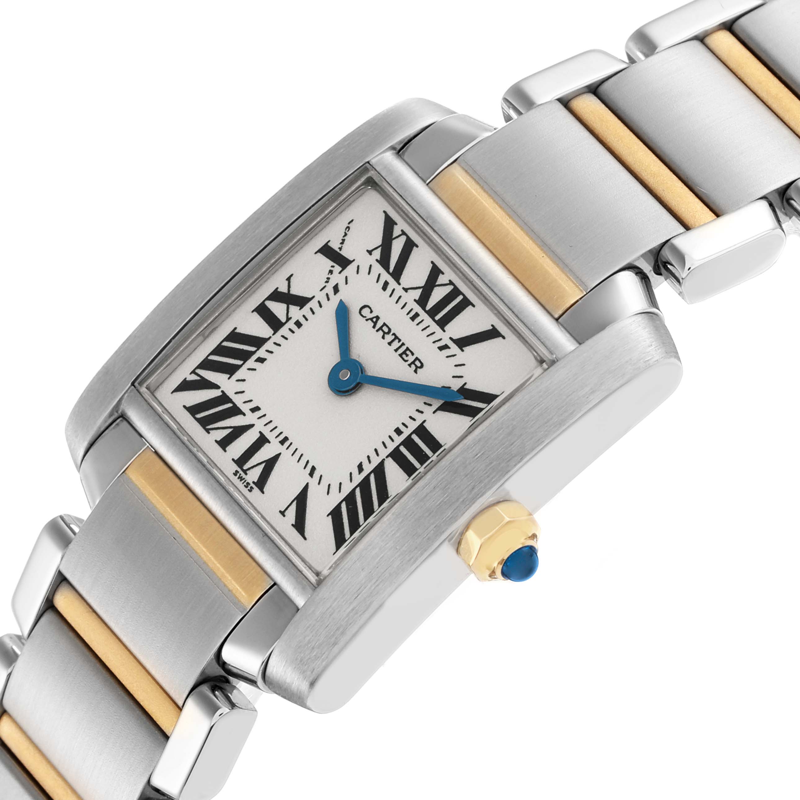 The image shows a Cartier Tank Française watch, angled to display the face, crown, and part of the bracelet.