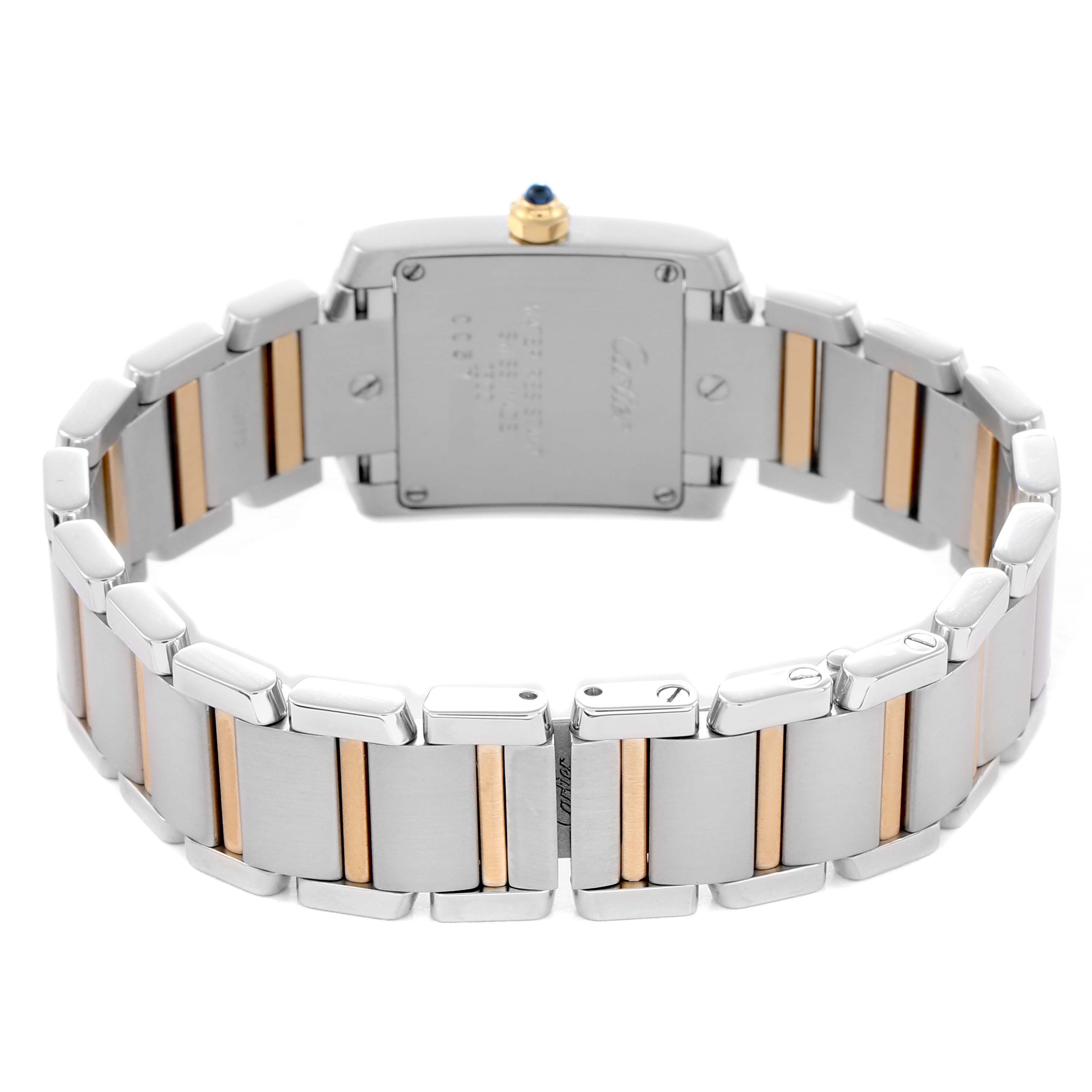 The Cartier Tank Francaise W51007Q4 Women
s Steel and Gold (two tone) Silver Dial watch is shown from the back, highlighting the bracelet and case back details.