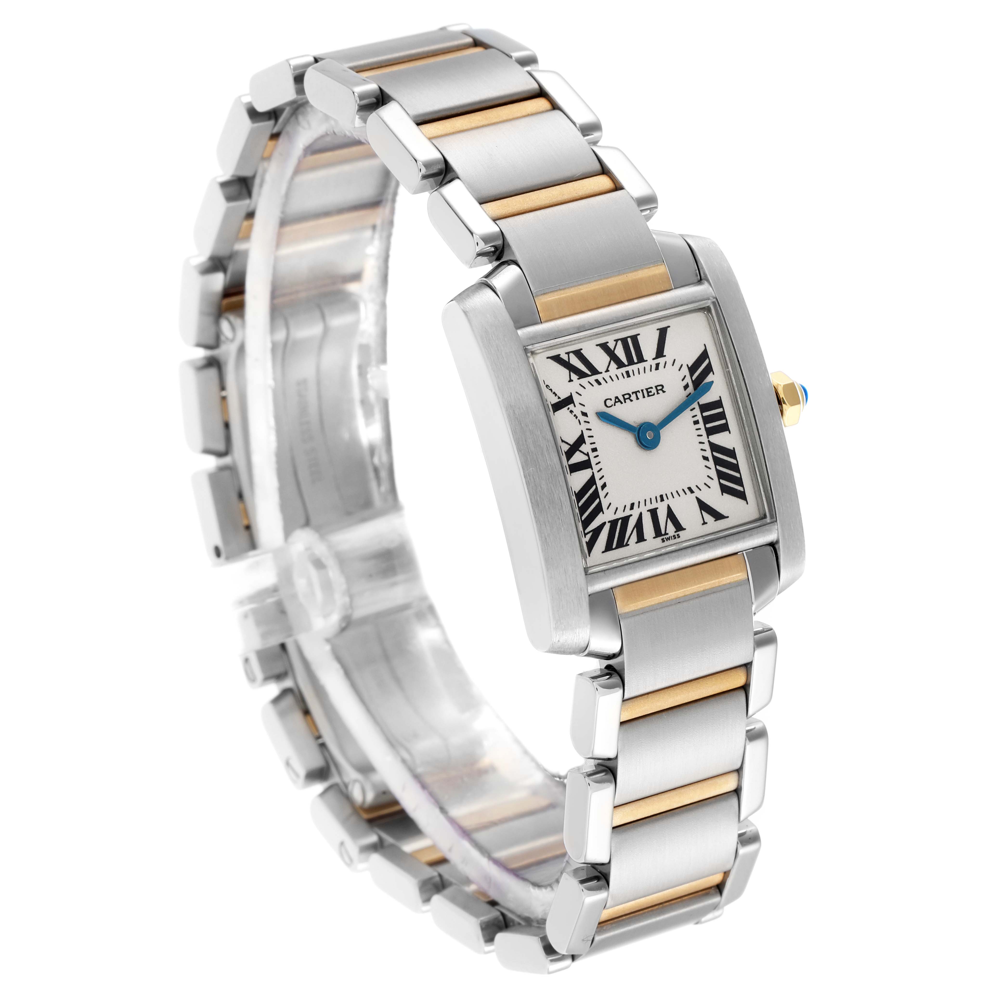 The Cartier Tank Française watch is shown at a three-quarter angle, highlighting the dial, case, and bracelet.