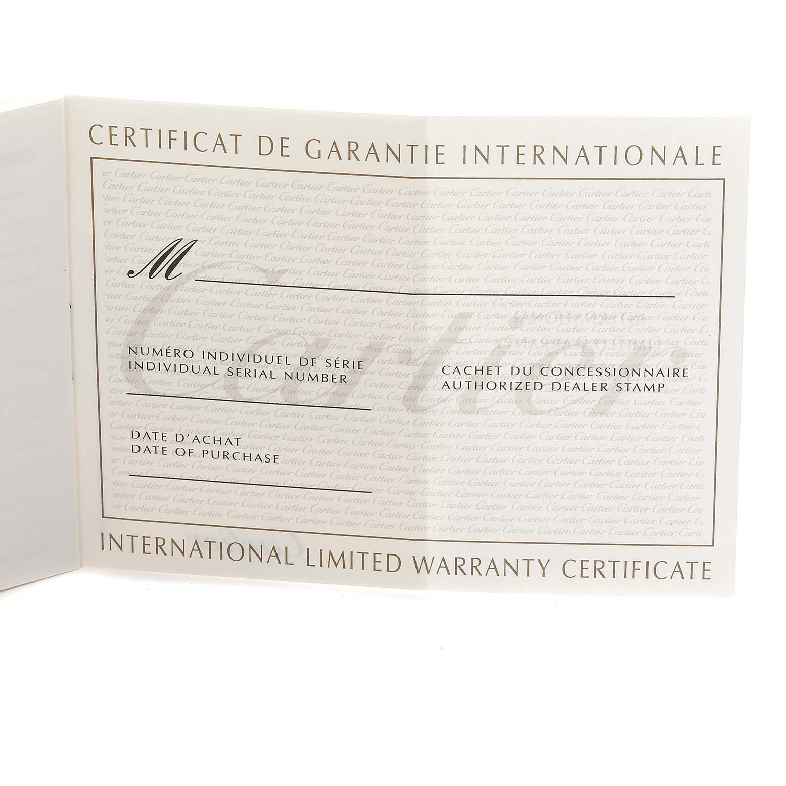 The image shows the international limited warranty certificate for the Cartier Tank Francaise W51007Q4 Women
s Steel and Gold (two tone) Silver Dial model.