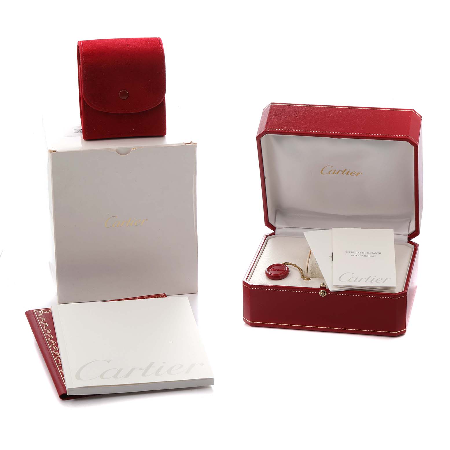 The image shows accessories for the Cartier Tank Française watch, including a red case, a pouch, and documentation.