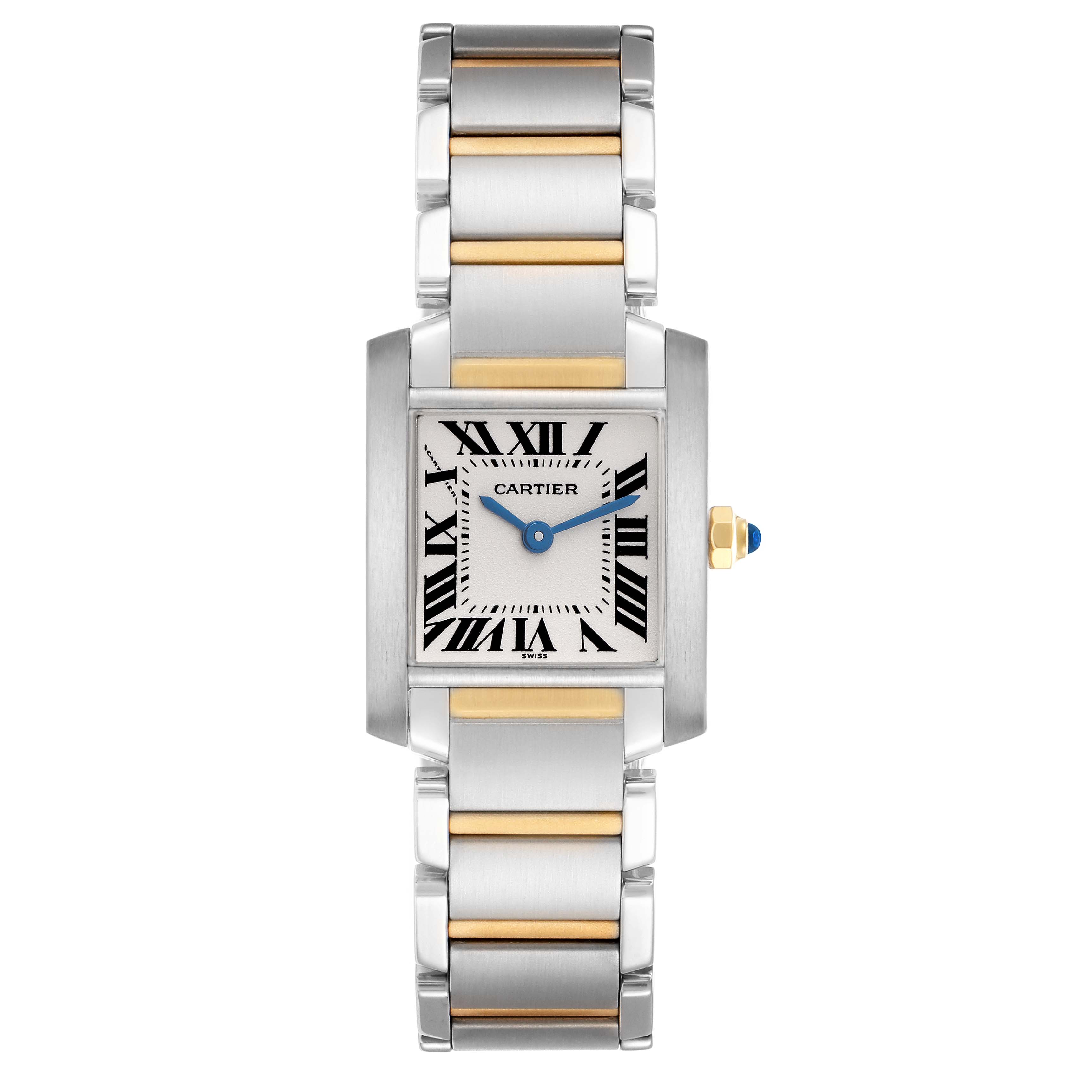 The Cartier Tank Française watch is shown from a front view, highlighting its face, bezel, and two-tone bracelet.