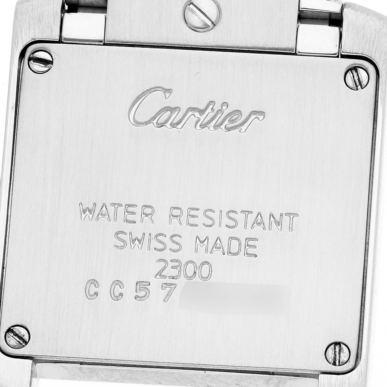 The image shows the back case of a Cartier Tank Francaise W51007Q4 Women
s Steel and Gold (two tone) Silver Dial watch, featuring engraved details like "Cartier" and "Swiss Made."