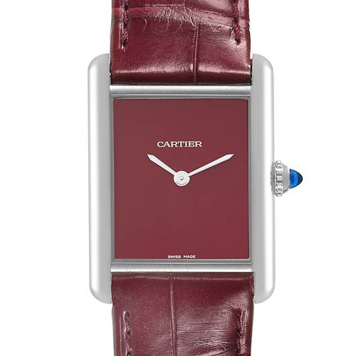 This is a front view of the Cartier Tank Must watch displaying the dial, case, strap, and crown.