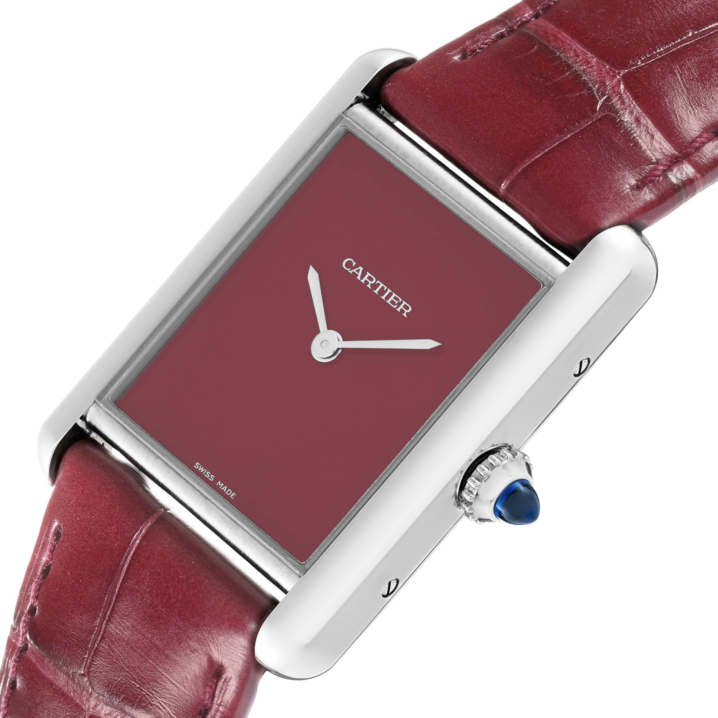 The image shows a close-up view of the Cartier Tank Must WSTA0054 Women's Stainless Steel Red Dial WSTA0054 Women's Stainless Steel Red Dial model watch, highlighting the face, crown, and strap.