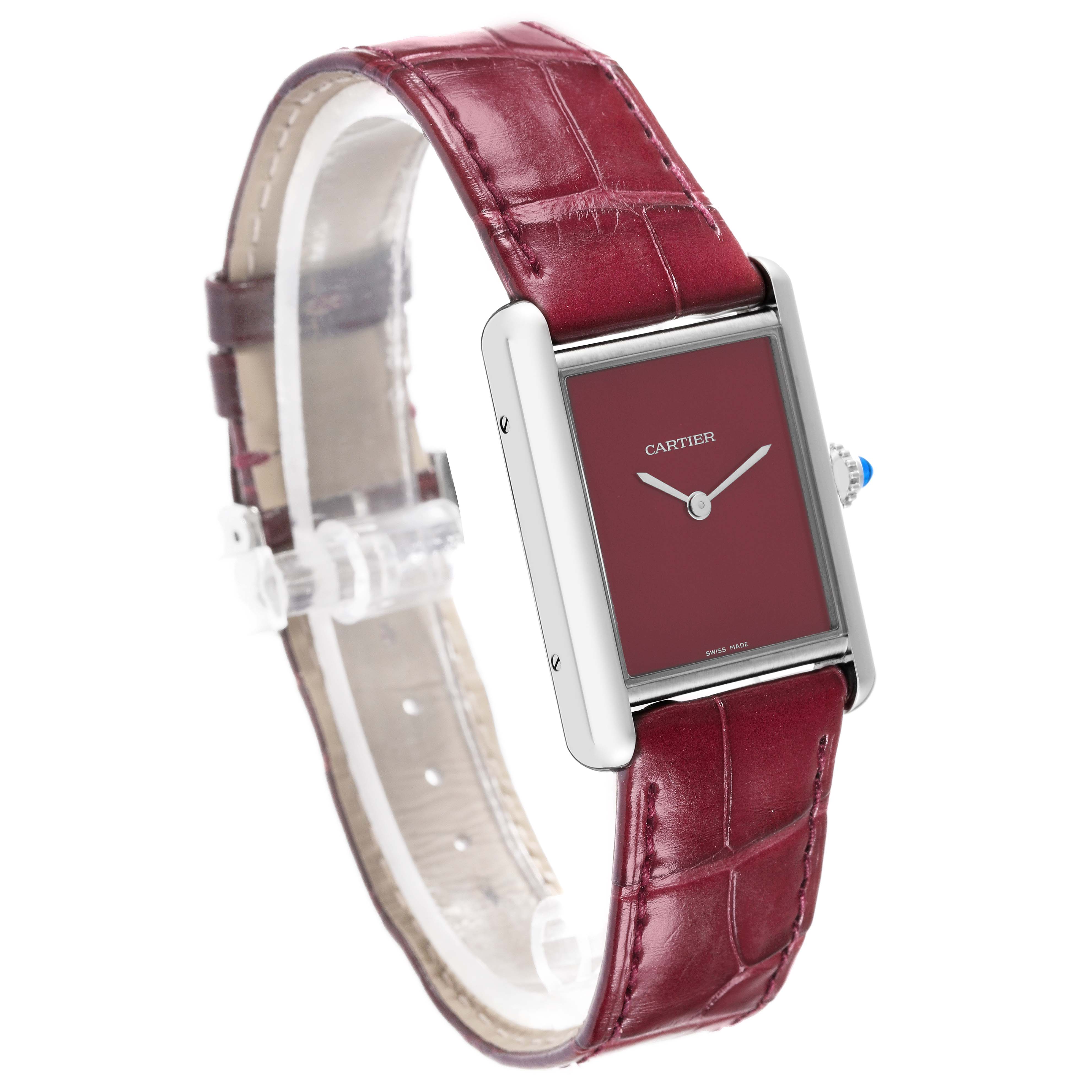 This image shows a Cartier Tank Must WSTA0054 Women's Stainless Steel Red Dial WSTA0054 Women's Stainless Steel Red Dial watch at an angled side view, highlighting the burgundy strap and dial with a silver casing.