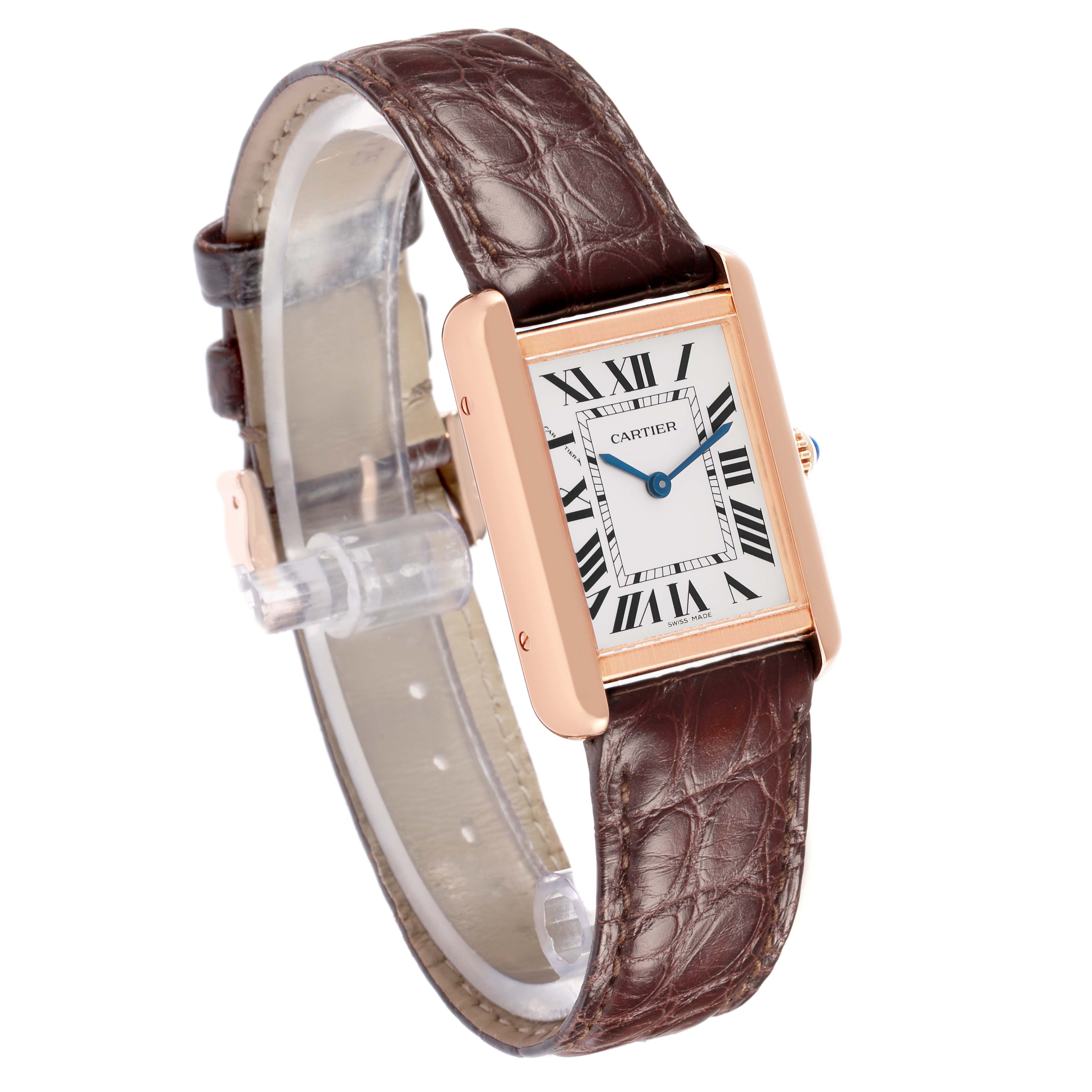 The Cartier Tank Solo W5200002 Women
s Steel and Gold (two tone) Silver Dial watch is shown at a slight angle, highlighting its rectangular face, brown leather strap, and rose gold case.