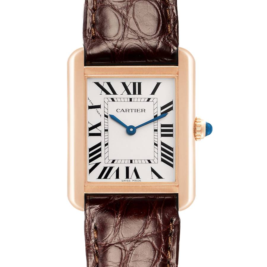 The image shows a Cartier Tank Solo W5200002 men's watch from a front view, highlighting its rectangular case, roman numeral dial, and leather strap with a visible crown.