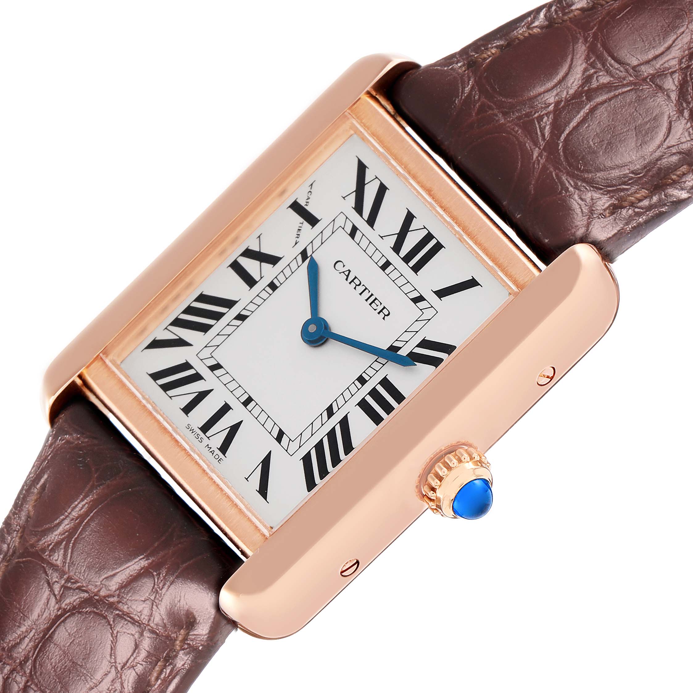 The Cartier Tank Solo W5200002 Women
s Steel and Gold (two tone) Silver Dial watch is shown at an angled view, highlighting the rectangular case, Roman numerals, and alligator leather strap.