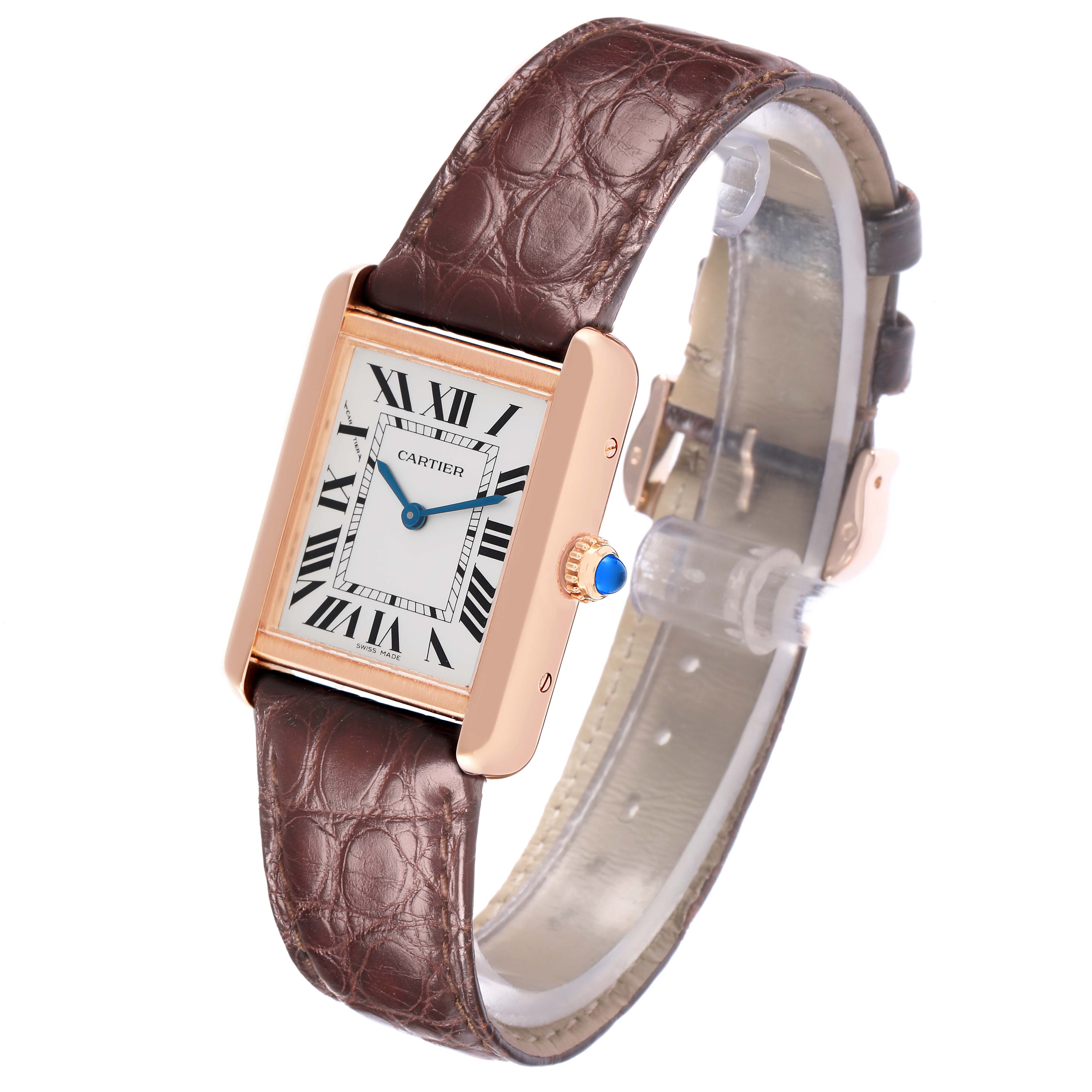 The Cartier Tank Solo W5200002 Women
s Steel and Gold (two tone) Silver Dial watch is shown at an angled view, highlighting the face, crown, and entire leather strap.