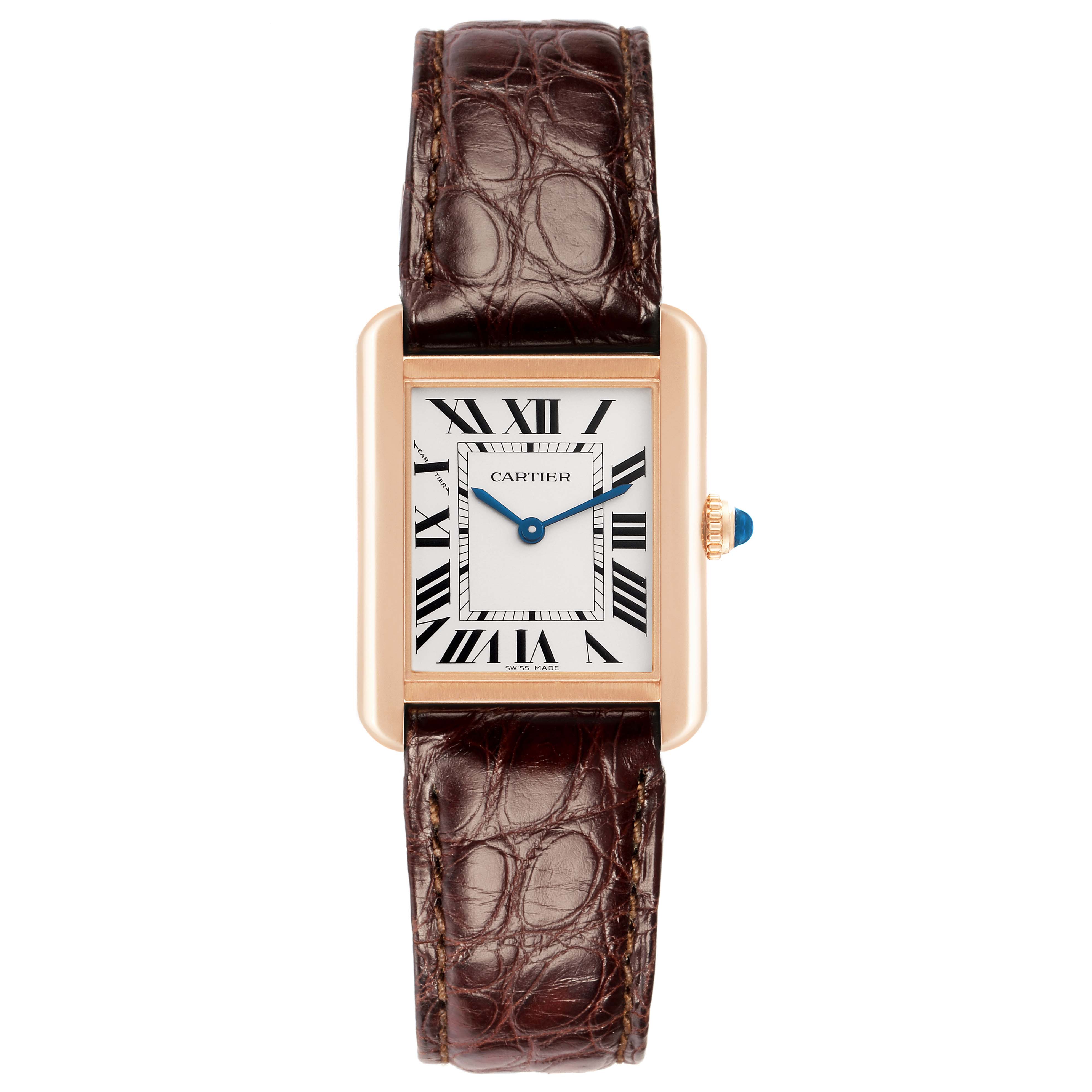 The Cartier Tank Solo W5200002 Women
s Steel and Gold (two tone) Silver Dial watch is shown from a top view, displaying the face, case, and strap in detail.