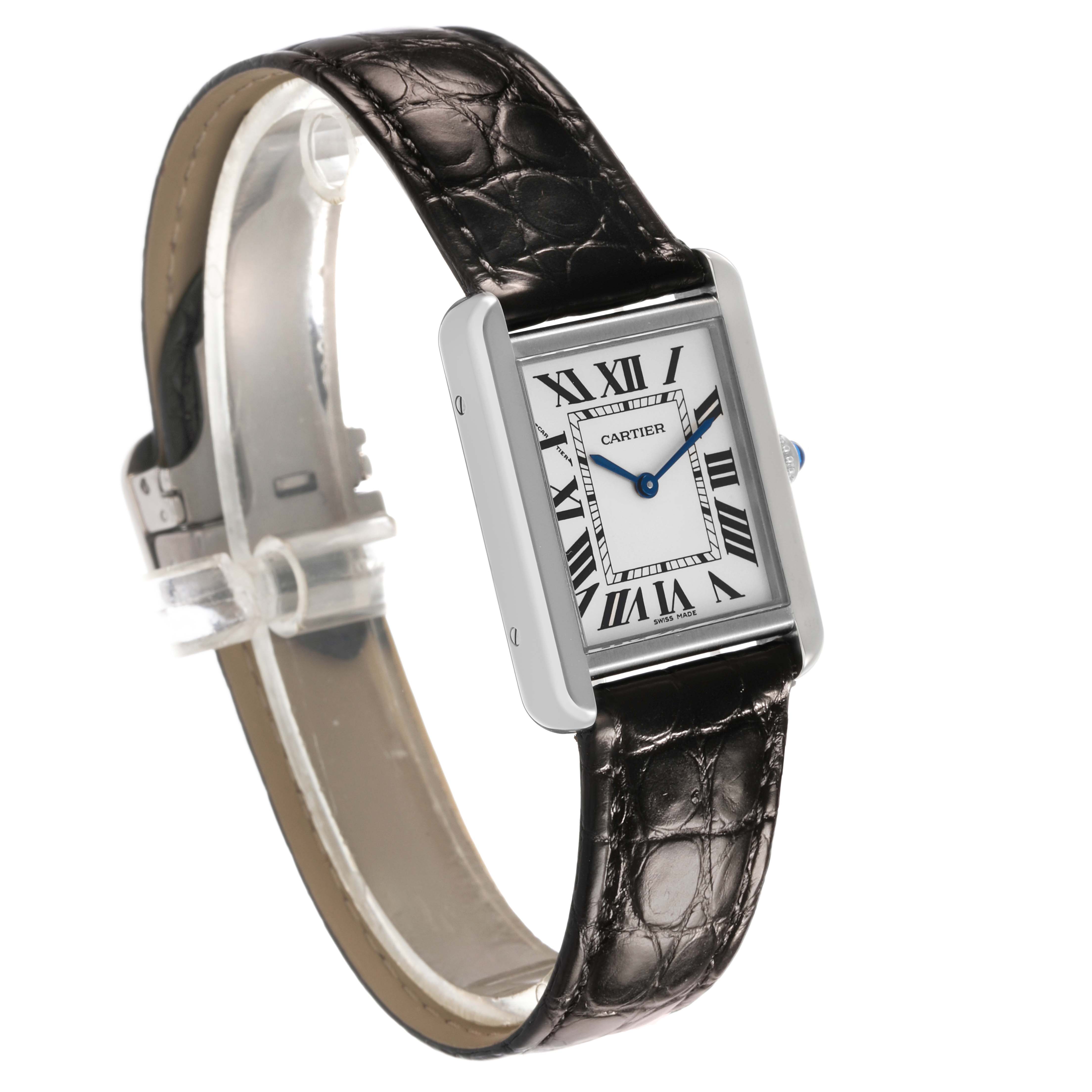 The Cartier Tank Solo W5200005 Women's Stainless Steel Silver Dial watch is angled to show the face, Roman numerals, leather strap, and side view of the case.