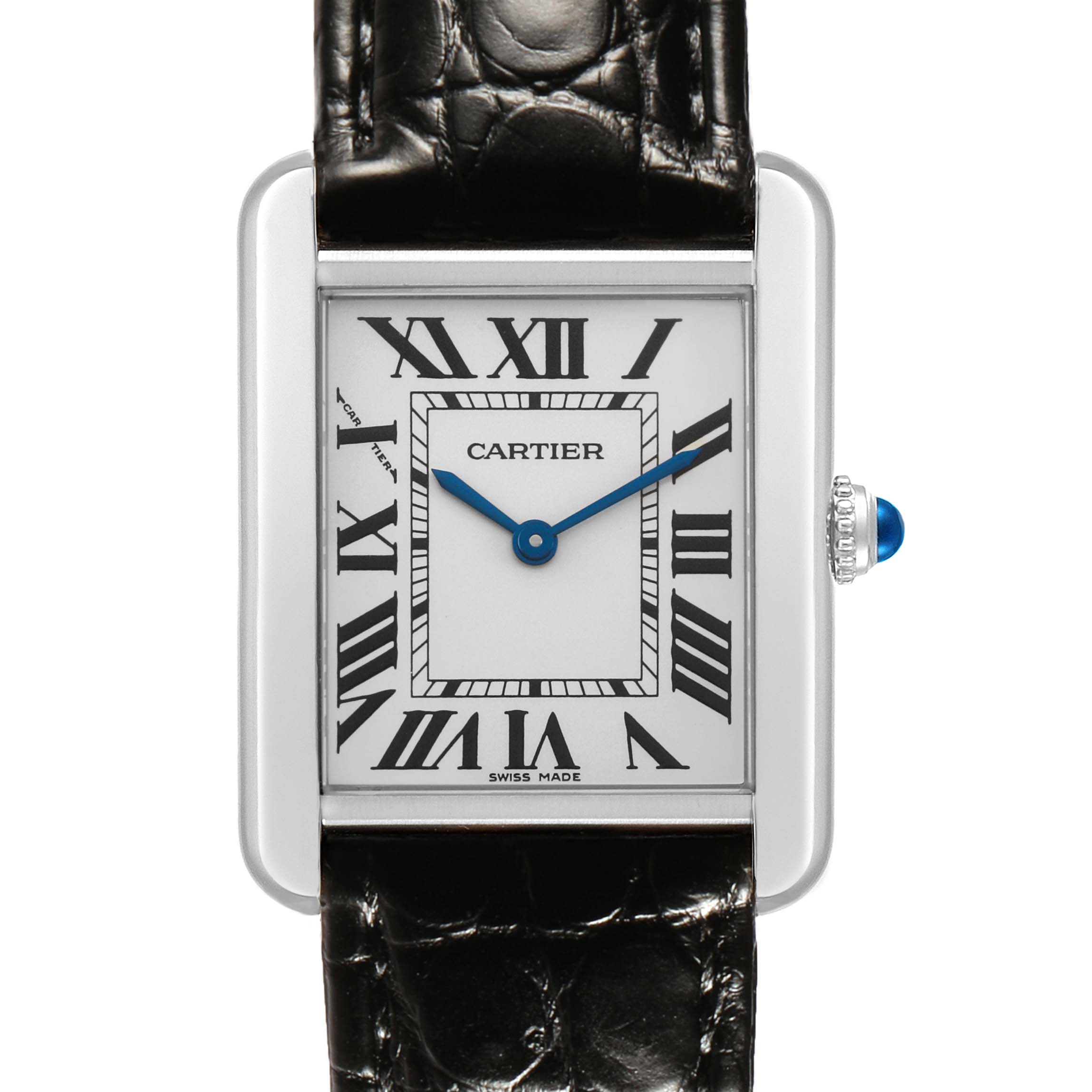 The Cartier Tank Solo W5200005 Women's Stainless Steel Silver Dial watch is shown from the front, highlighting the face, dial, Roman numerals, blue hands, and crown with a jewel.
