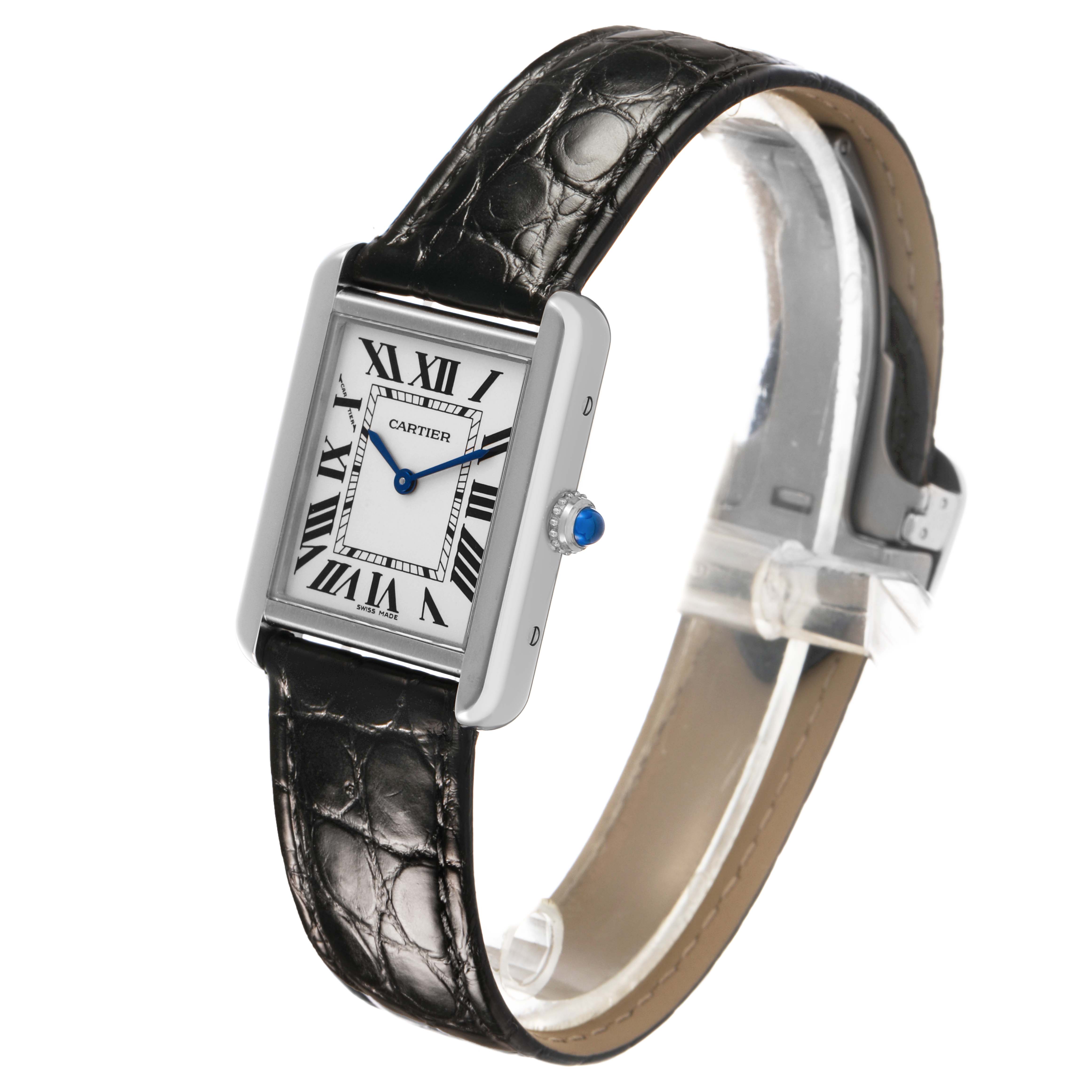 The Cartier Tank Solo W5200005 Women's Stainless Steel Silver Dial watch is shown at a three-quarter angle highlighting the face, leather strap, and crown.