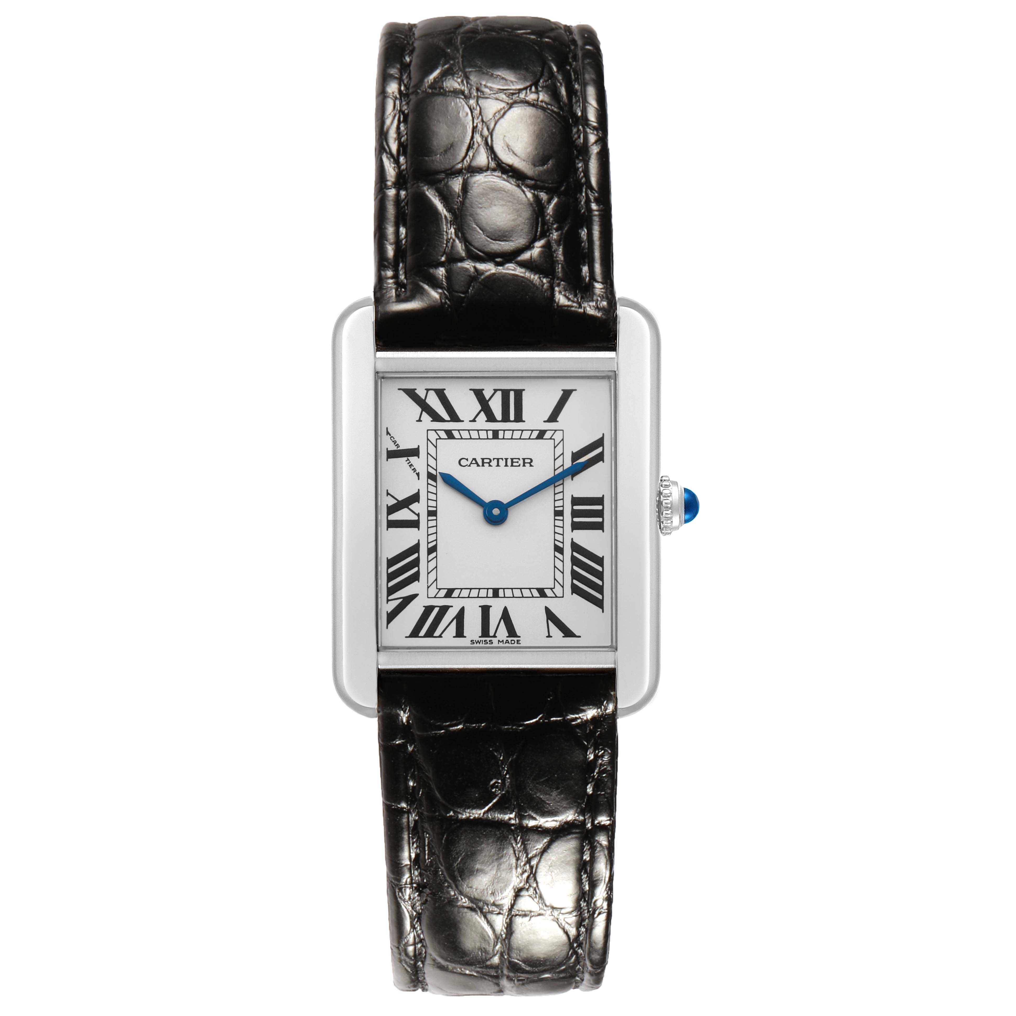 The Cartier Tank Solo W5200005 Women's Stainless Steel Silver Dial watch is shown from the front, highlighting its rectangular face, Roman numerals, and leather strap.