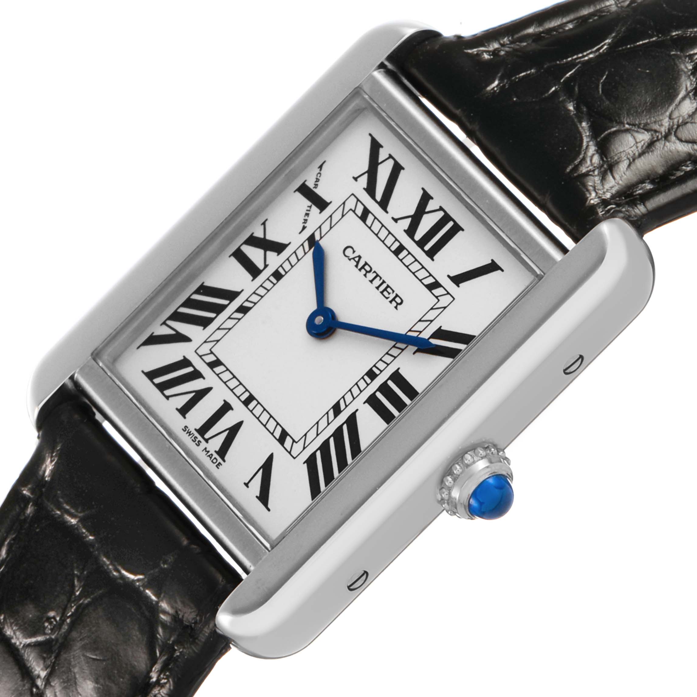 The Cartier Tank Solo W5200005 Women's Stainless Steel Silver Dial is shown from a slight angle, displaying its rectangular face, blue hands, Roman numerals, winder, and strap.