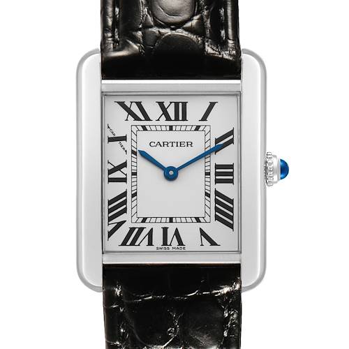 The Cartier Tank Solo W5200005 Women's Stainless Steel Silver Dial is shown from the front, highlighting its rectangular case, Roman numerals, blue hands, and leather strap.