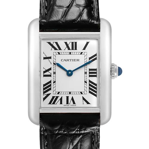 The Cartier Tank Solo W5200005 Women's Stainless Steel Silver Dial watch is shown from a front angle, featuring the rectangular case, Roman numerals, and leather strap.