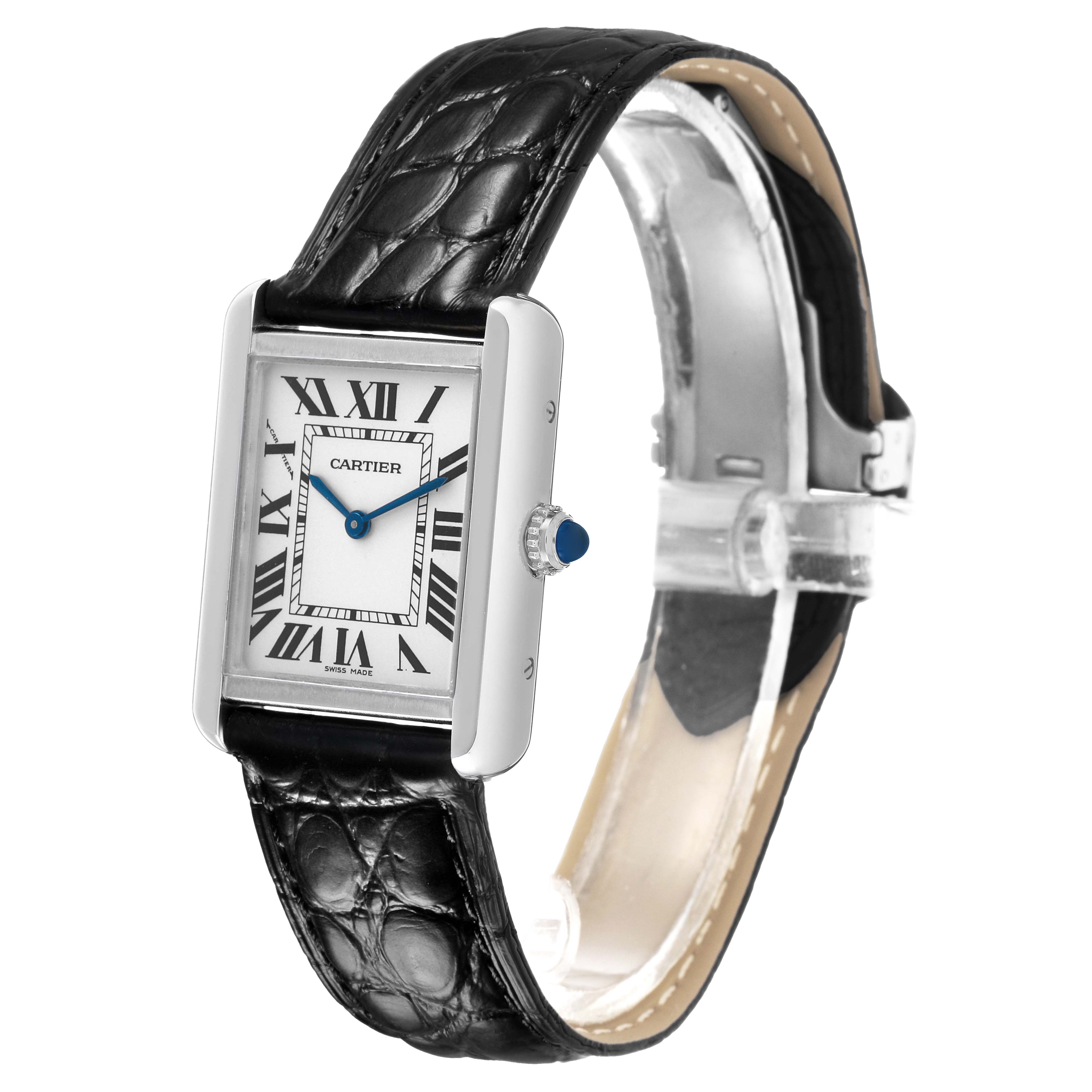 The Cartier Tank Solo W5200005 Women's Stainless Steel Silver Dial watch is shown at a three-quarter angle, displaying the face, black leather strap, and sapphire cabochon crown.