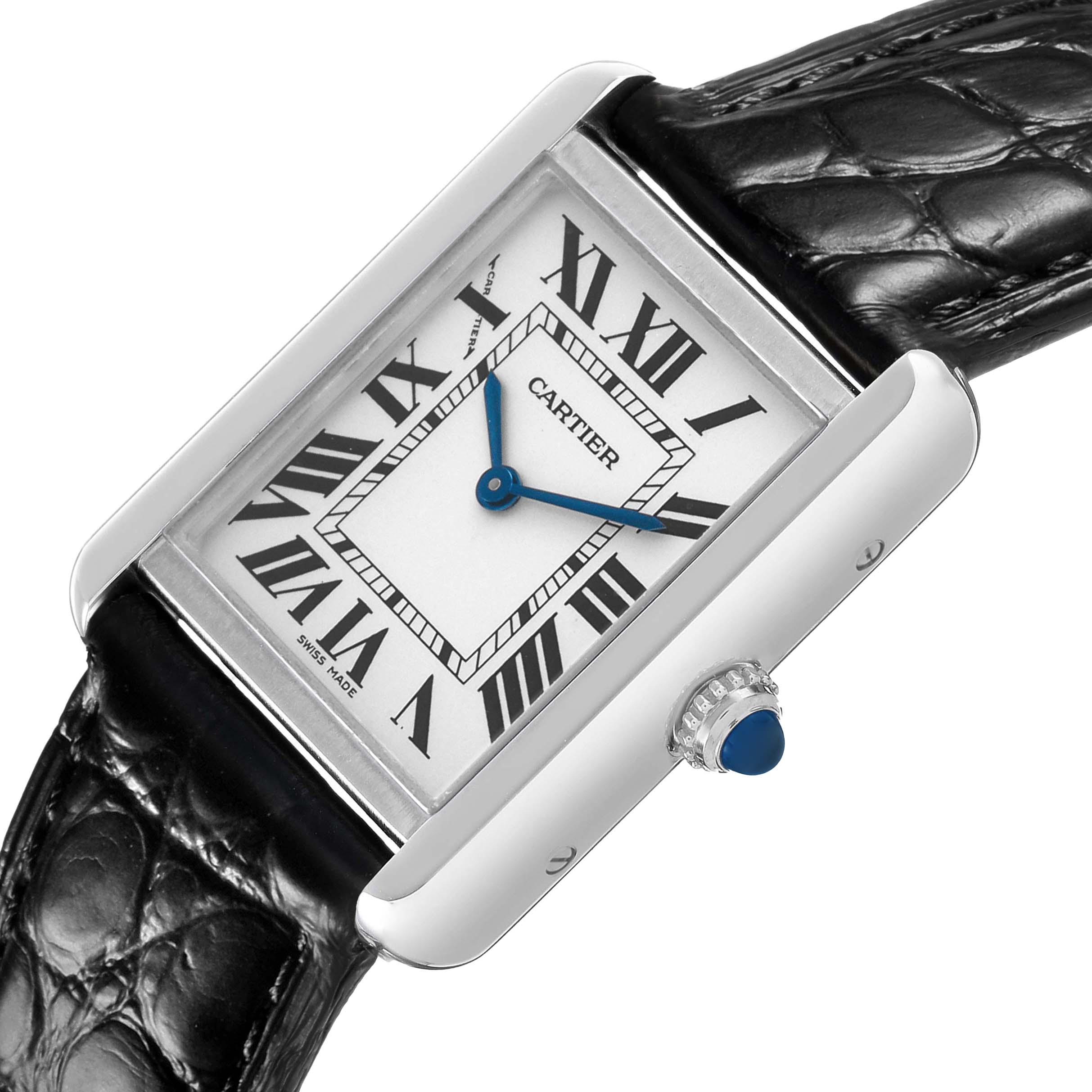 The Cartier Tank Solo W5200005 Women's Stainless Steel Silver Dial watch is shown from a tilted angle, highlighting its rectangular face, Roman numerals, and blue hands.