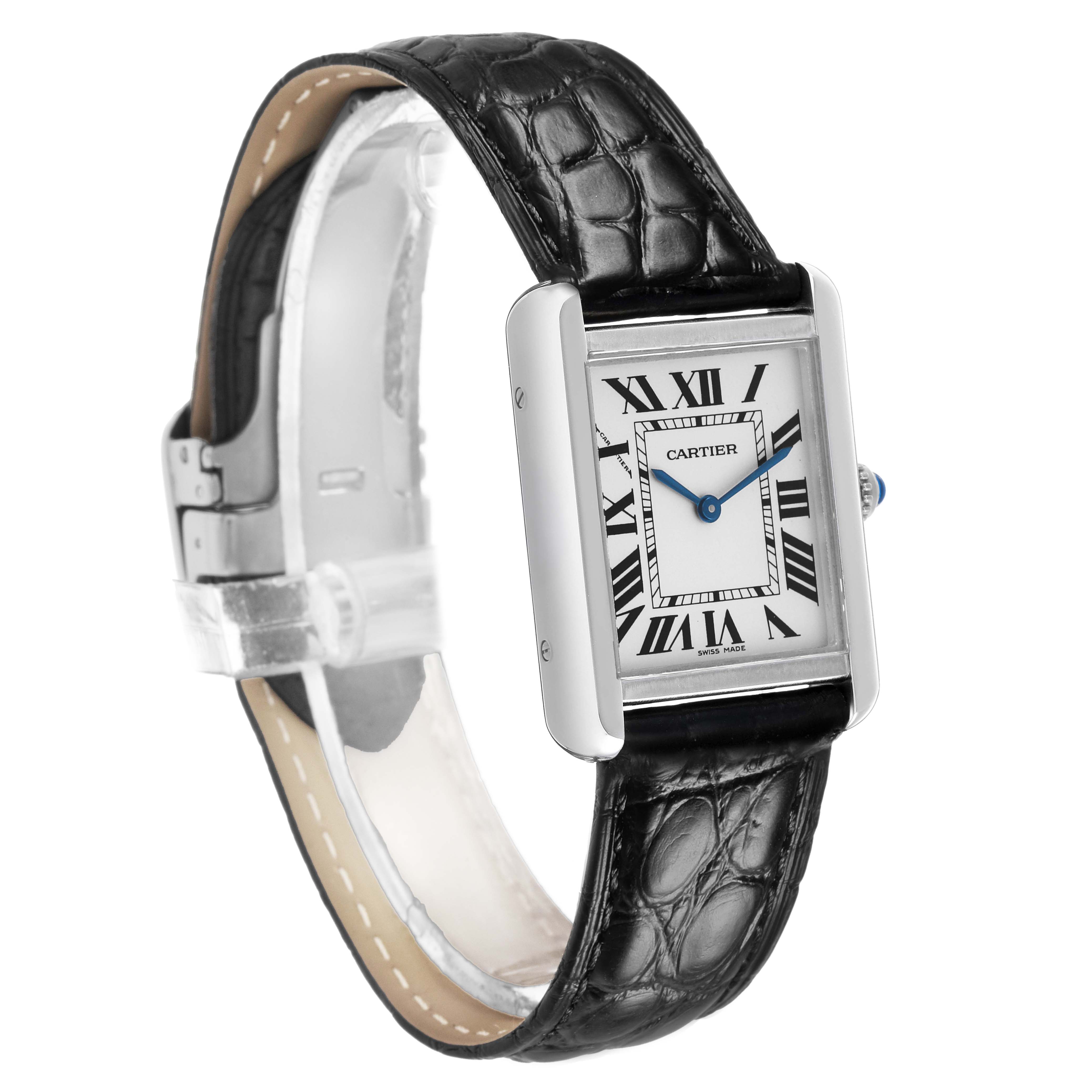 The Cartier Tank Solo W5200005 Women's Stainless Steel Silver Dial watch is shown from a three-quarter angle, highlighting its rectangular face, Roman numerals, and leather strap.