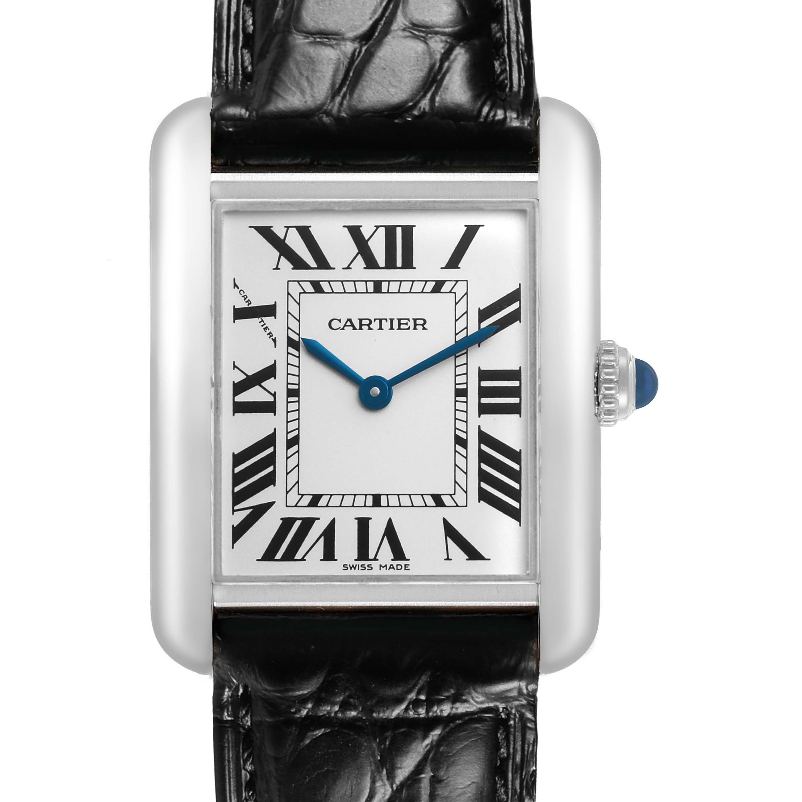 The Cartier Tank Solo W5200005 Women's Stainless Steel Silver Dial watch is shown from the front, displaying its dial, Roman numerals, and leather strap.