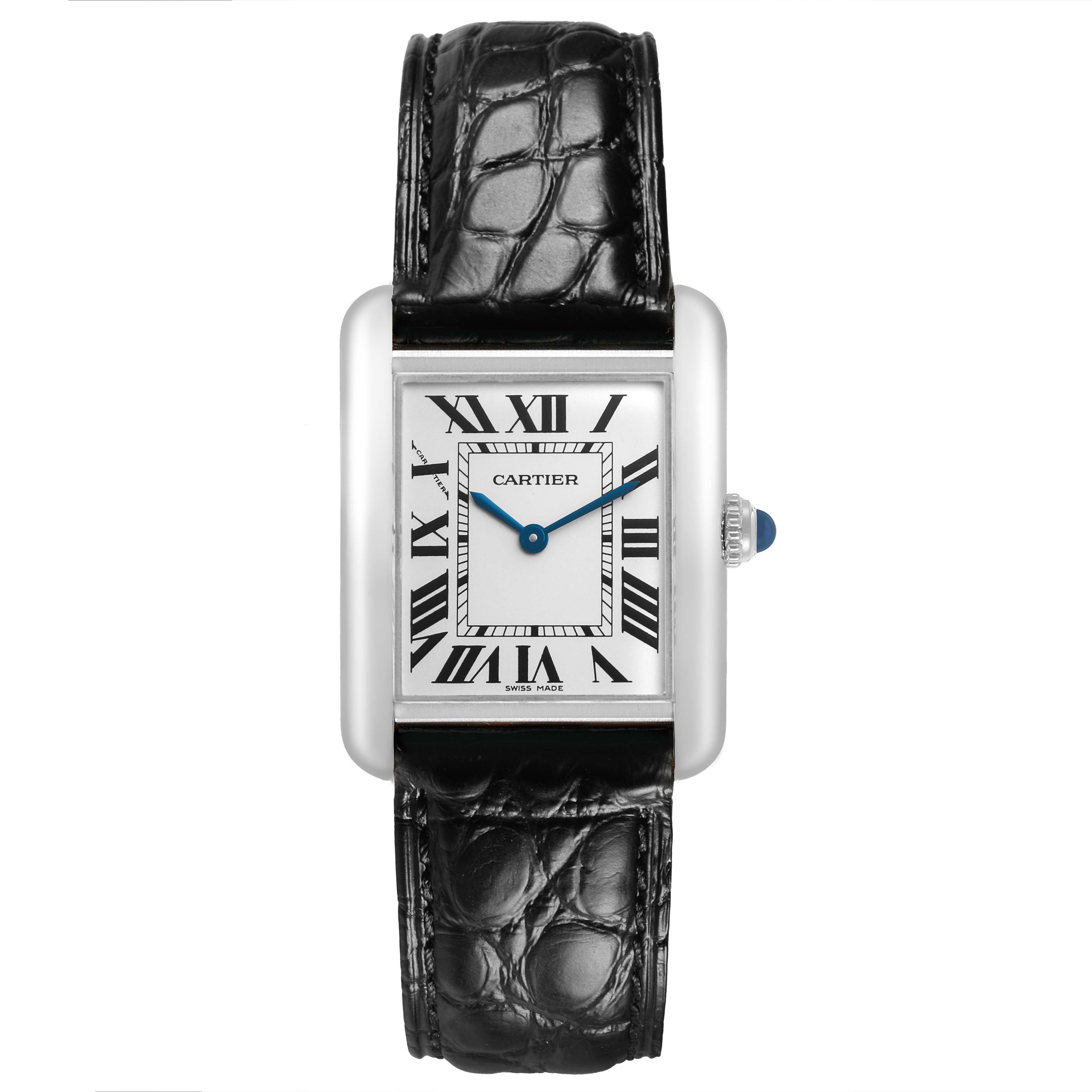 The Cartier Tank Solo W5200005 Women's Stainless Steel Silver Dial watch is shown from the front, highlighting its rectangular face, Roman numerals, and blue hands.
