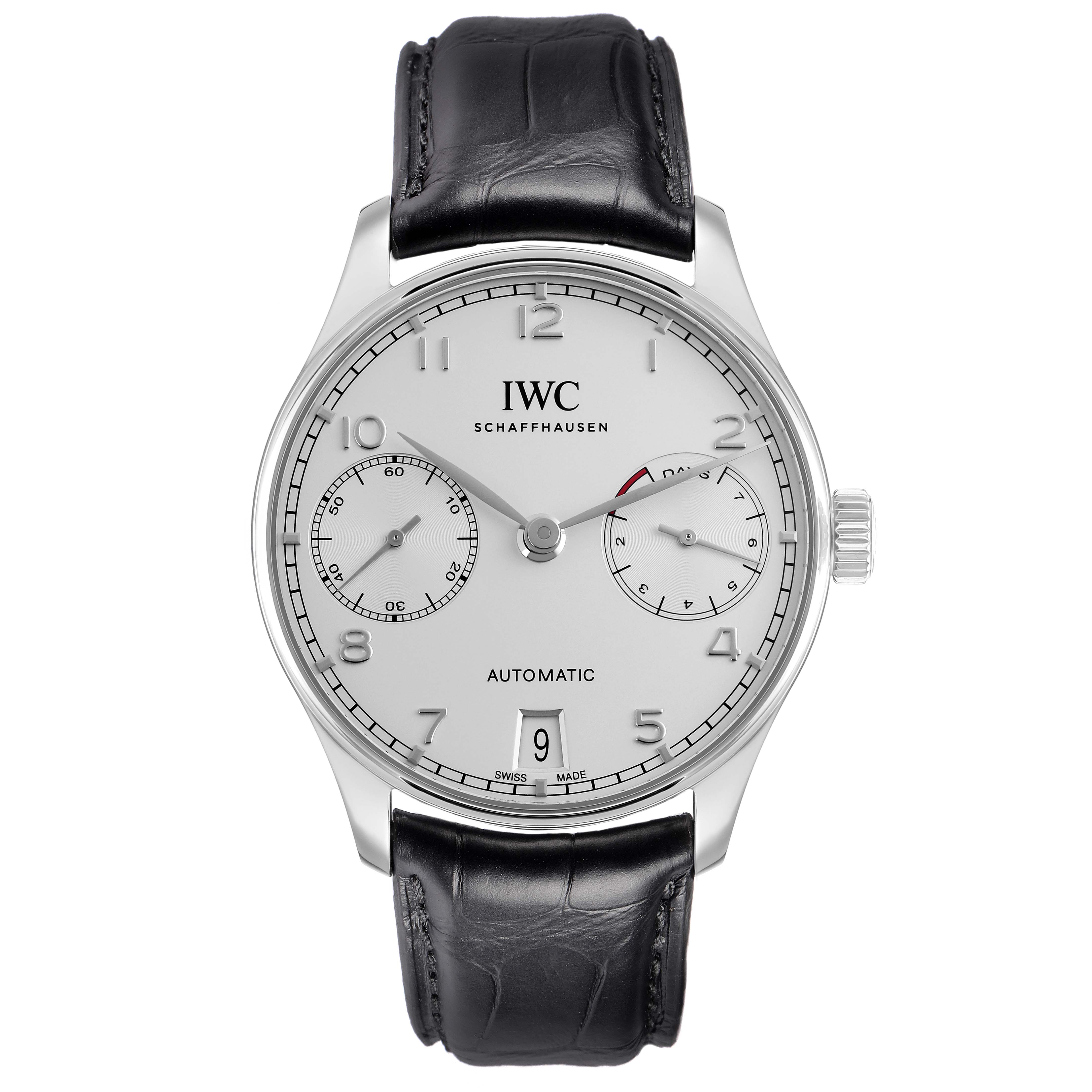 The IWC Portuguese IW500712 Men
s Stainless Steel Silver Dial watch is shown from a front angle, displaying the dial, hands, subdials, and leather strap.