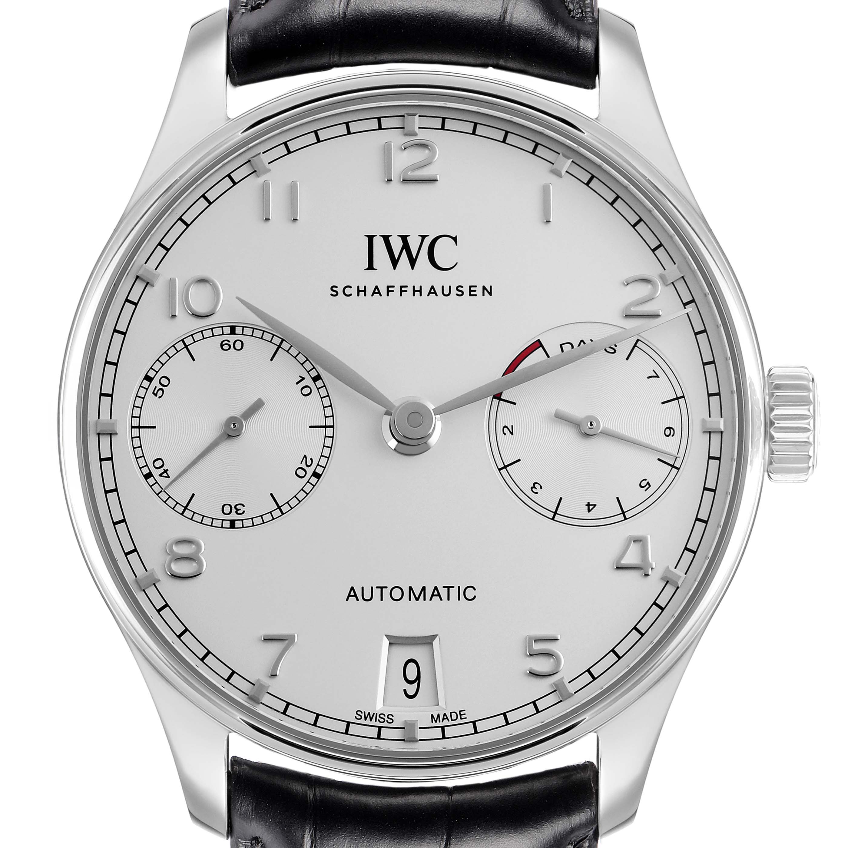 The IWC Portuguese IW500712 Men
s Stainless Steel Silver Dial watch is shown from the front, featuring its dial, subdials, hands, and crown.