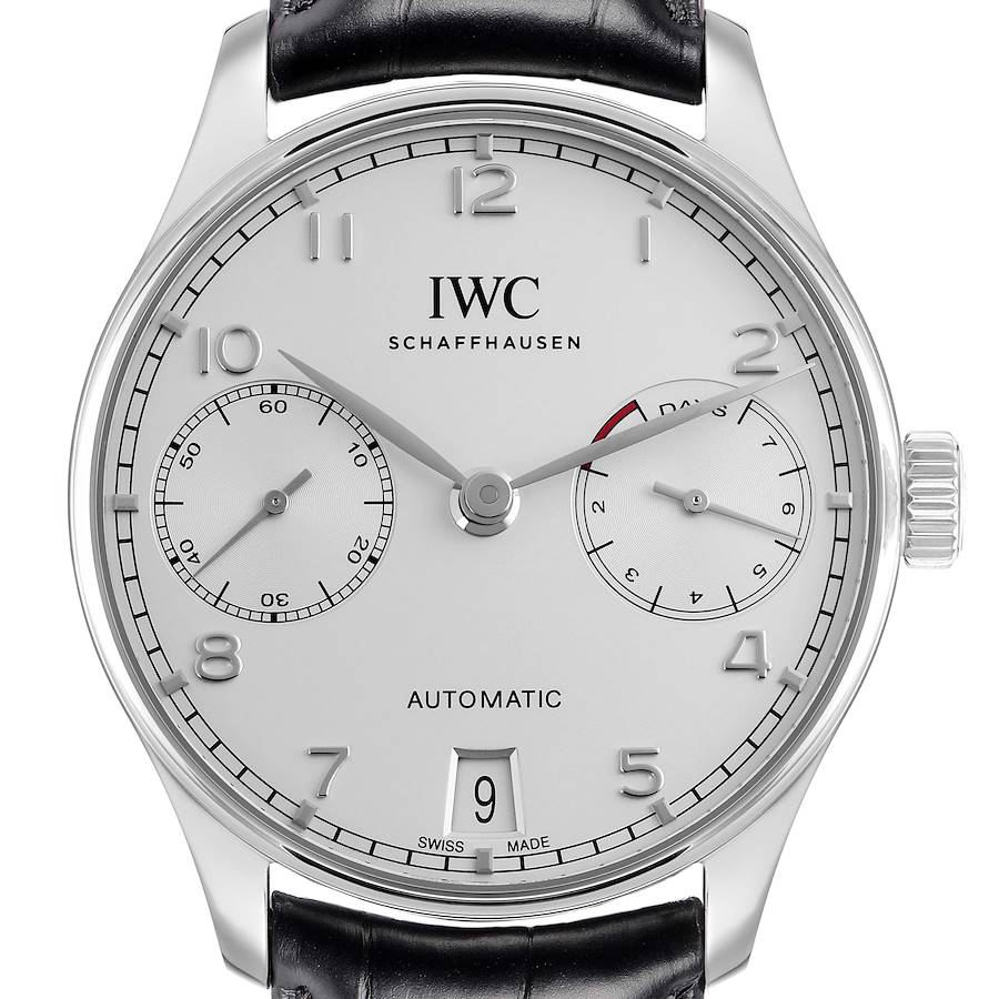 The image shows a front view of the IWC Portuguese model IW500712 Men's watch featuring its dial, subdials, date display, and crown.