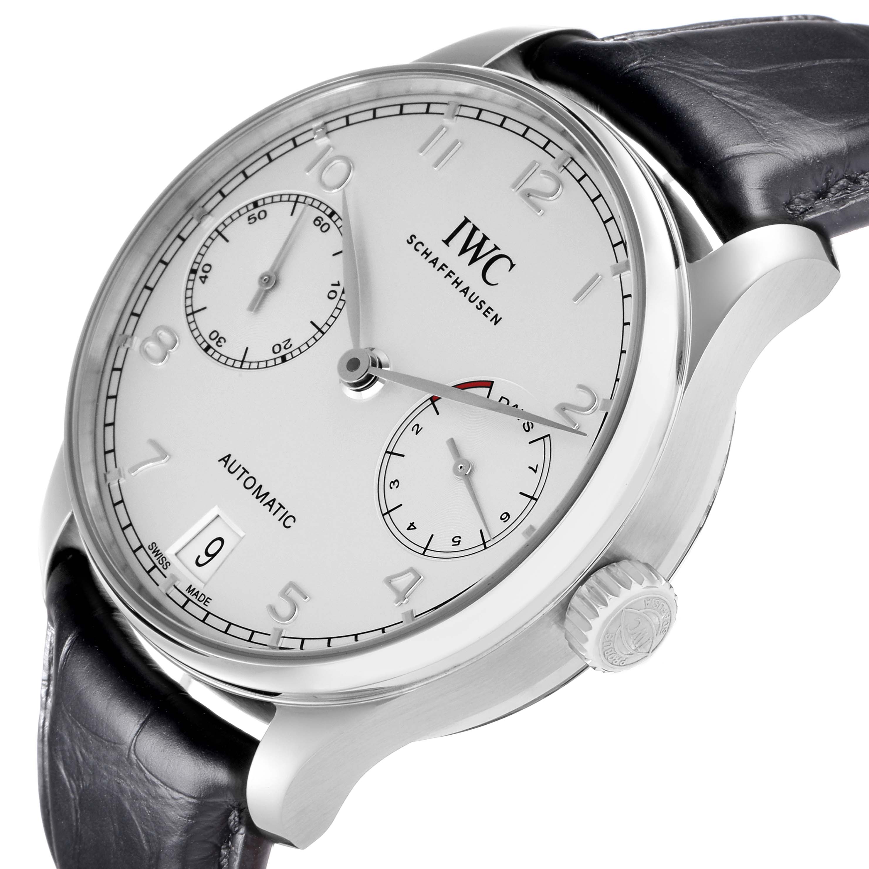 The IWC Portuguese IW500712 Men
s Stainless Steel Silver Dial watch is shown at a three-quarter angle, highlighting the dial, crown, and leather strap.