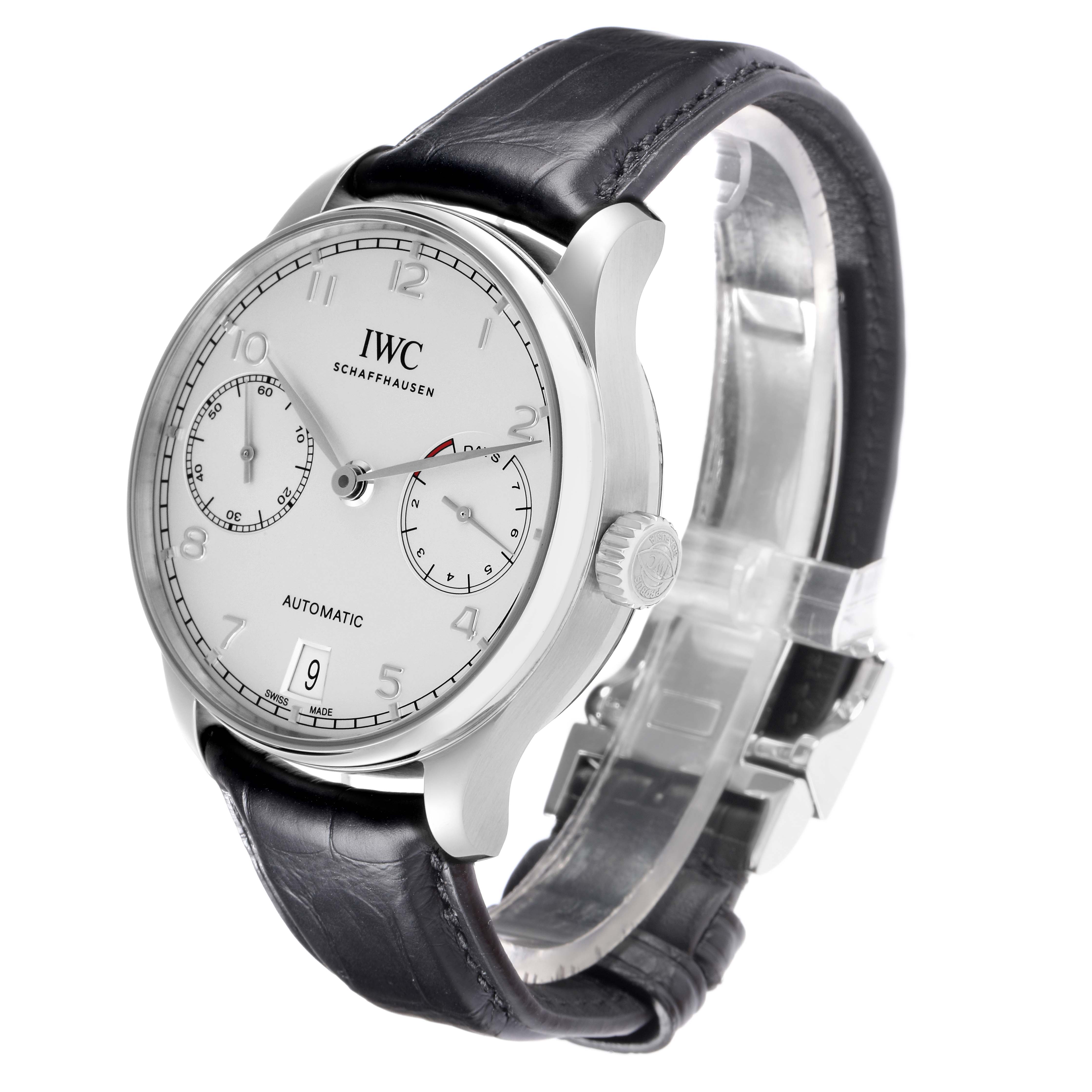 The IWC Portuguese IW500712 Men
s Stainless Steel Silver Dial watch is shown at an angle highlighting its dial, case, crown, and leather strap.
