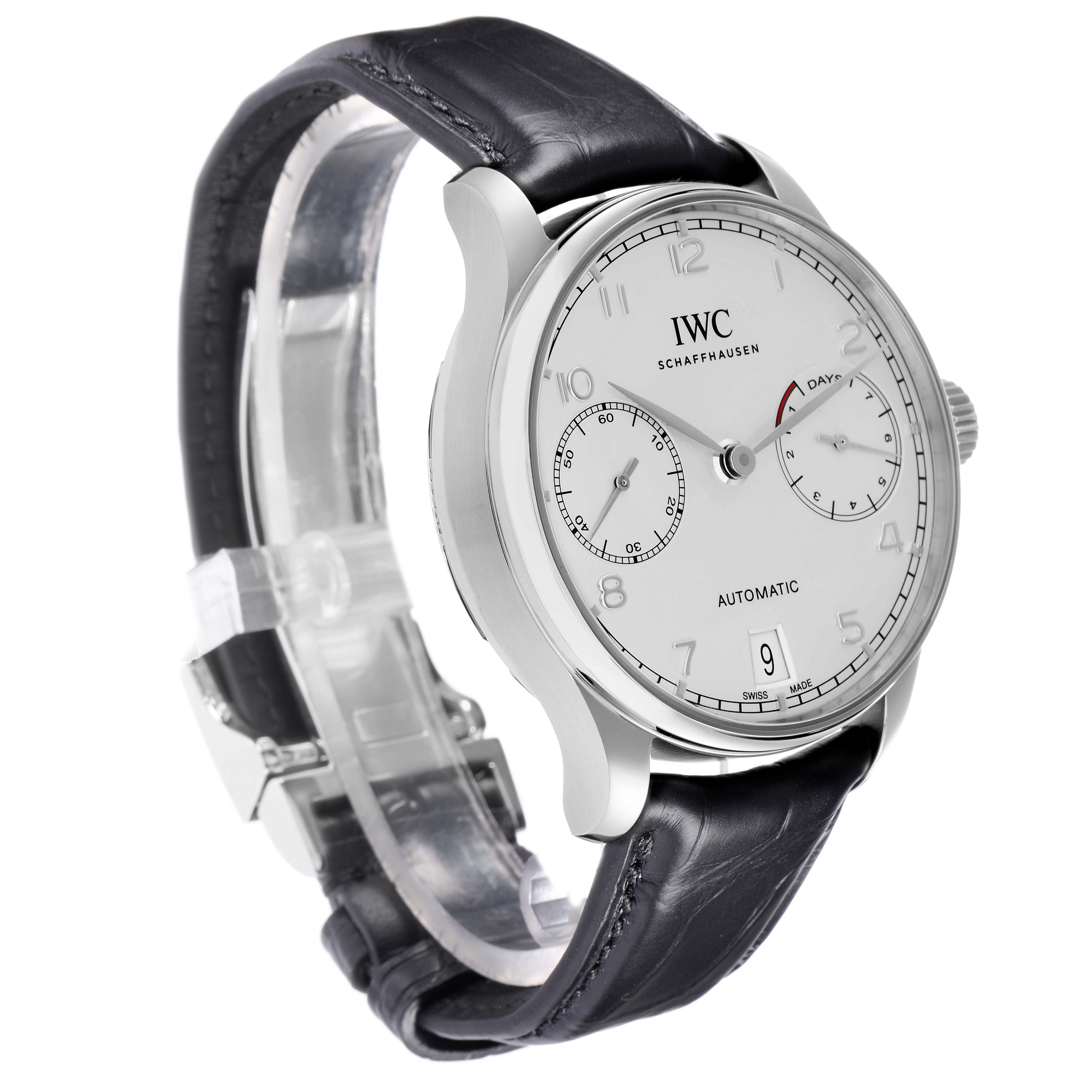 The IWC Portuguese IW500712 Men
s Stainless Steel Silver Dial watch is shown at a three-quarter angle, highlighting the face, crown, and leather strap.