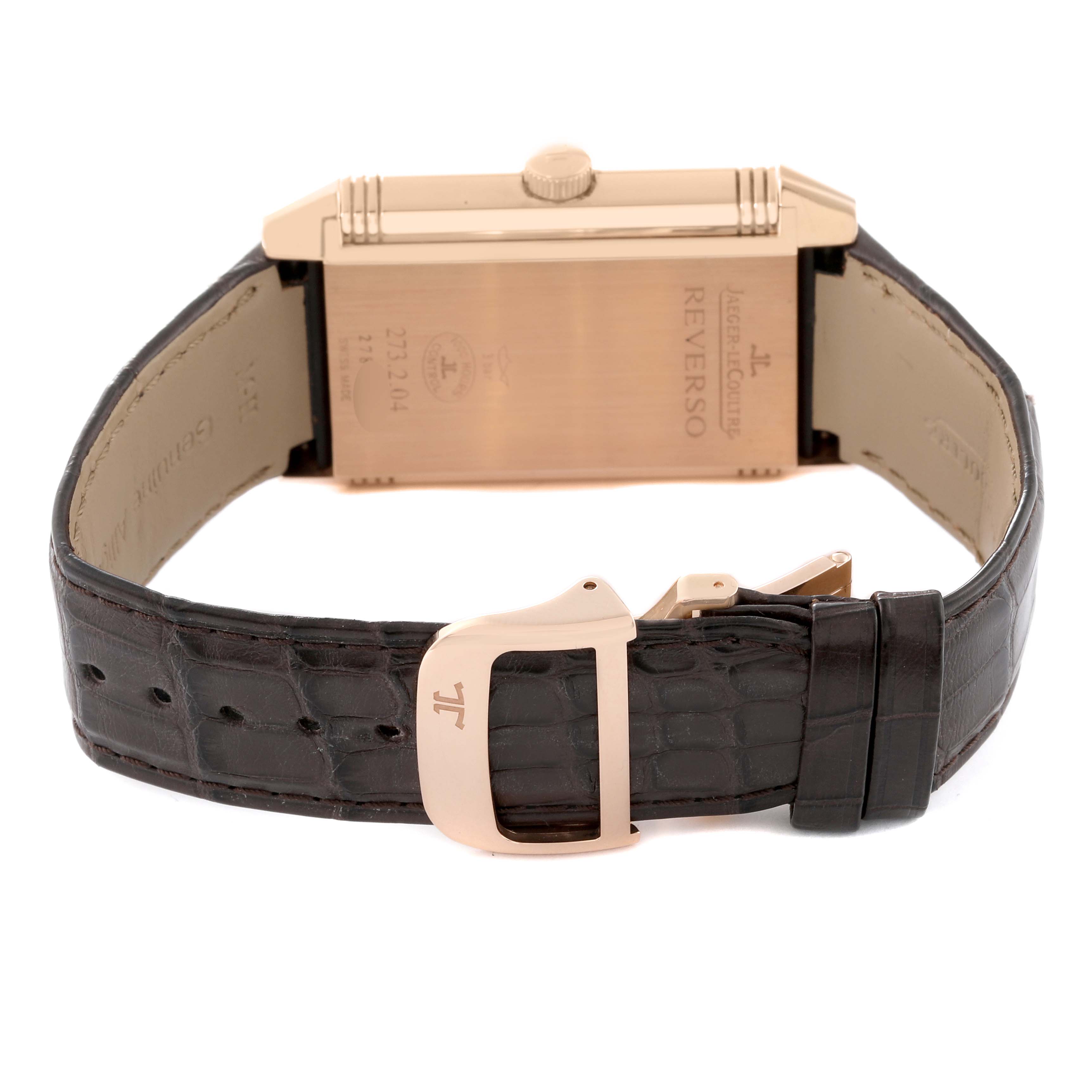 The image shows the back and strap, including the clasp, of a Jaeger LeCoultre Reverso Q3732420 Men
s Rose Gold Silver Dial Q3732420 Men
s Rose Gold Silver Dial watch at a rear angle.