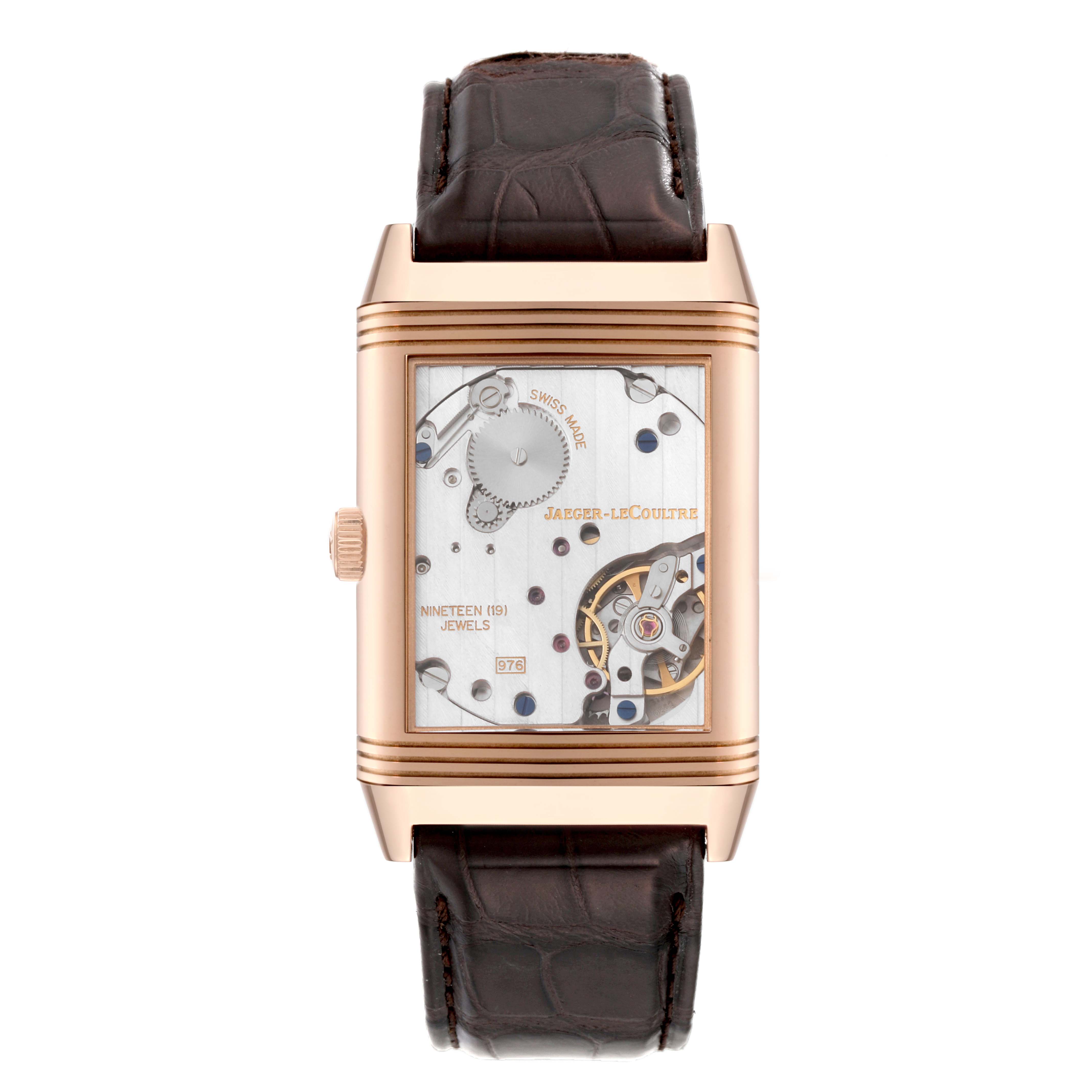 This image shows the front view of a Jaeger-LeCoultre Reverso watch displaying its intricate inner mechanism.