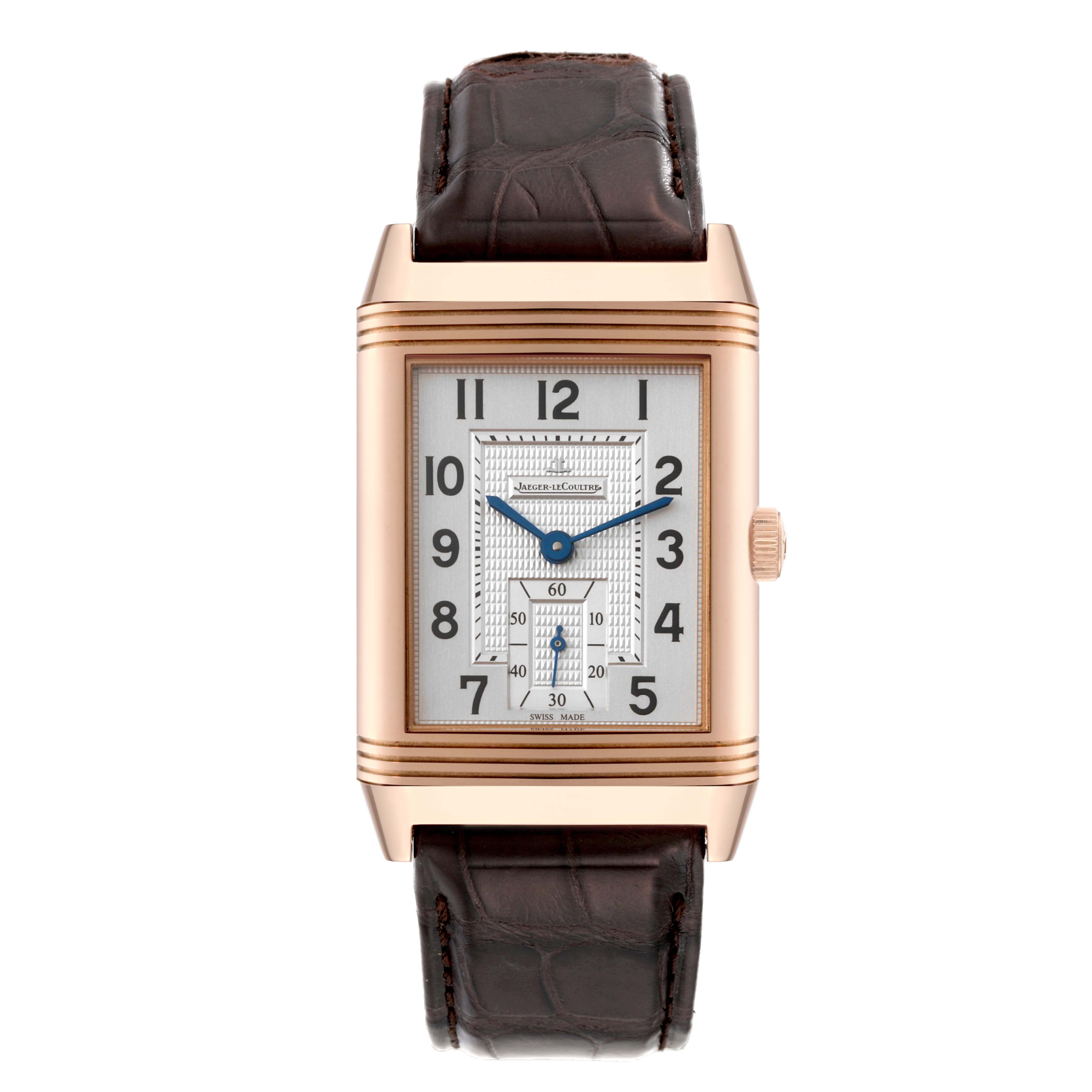 This is a front view of the Jaeger LeCoultre Reverso Q3732420 Men
s Rose Gold Silver Dial Q3732420 Men
s Rose Gold Silver Dial watch, showing the dial, case, crown, and leather strap.