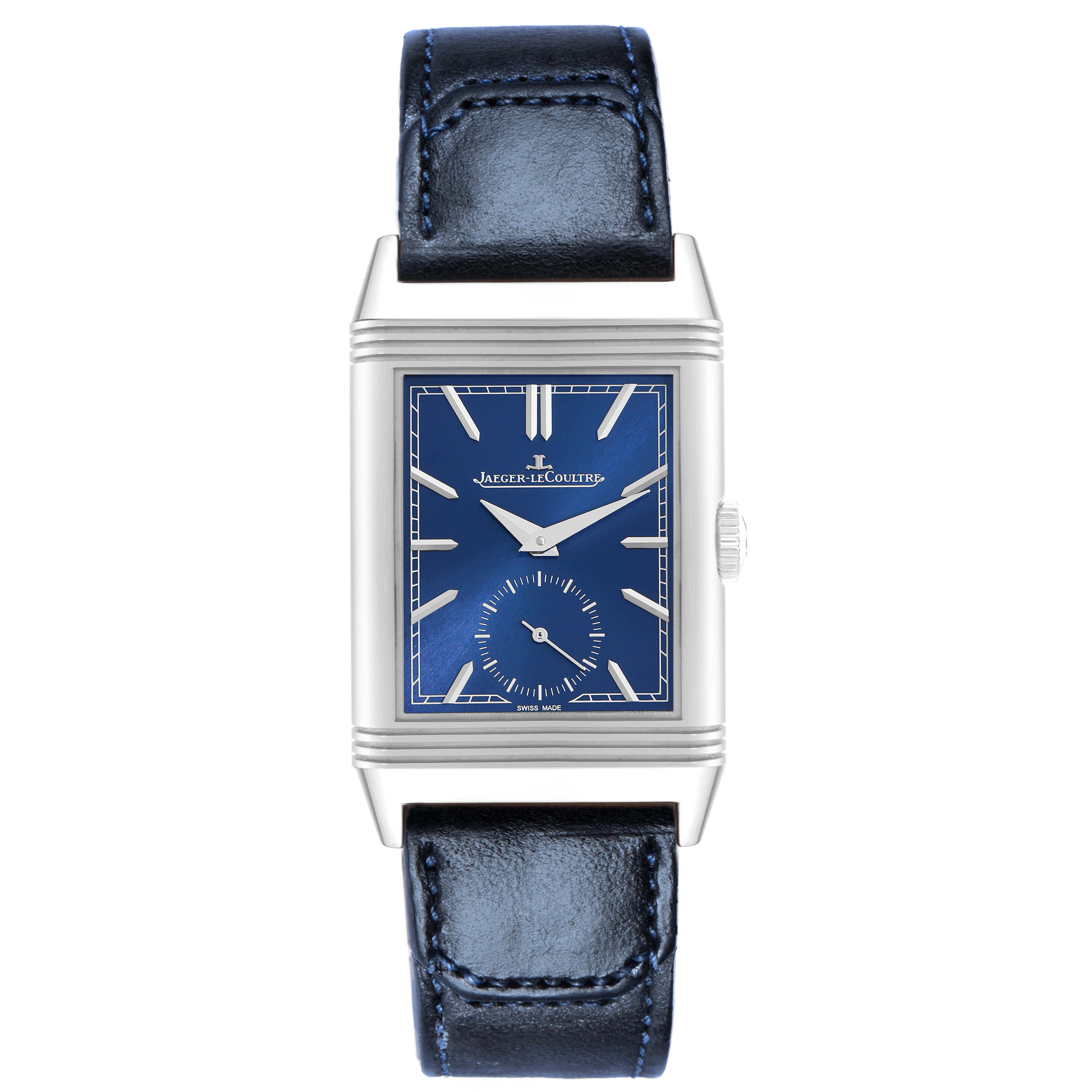 This is a front view of the Jaeger-LeCoultre Reverso, showing the watch face, case, crown, and leather strap.