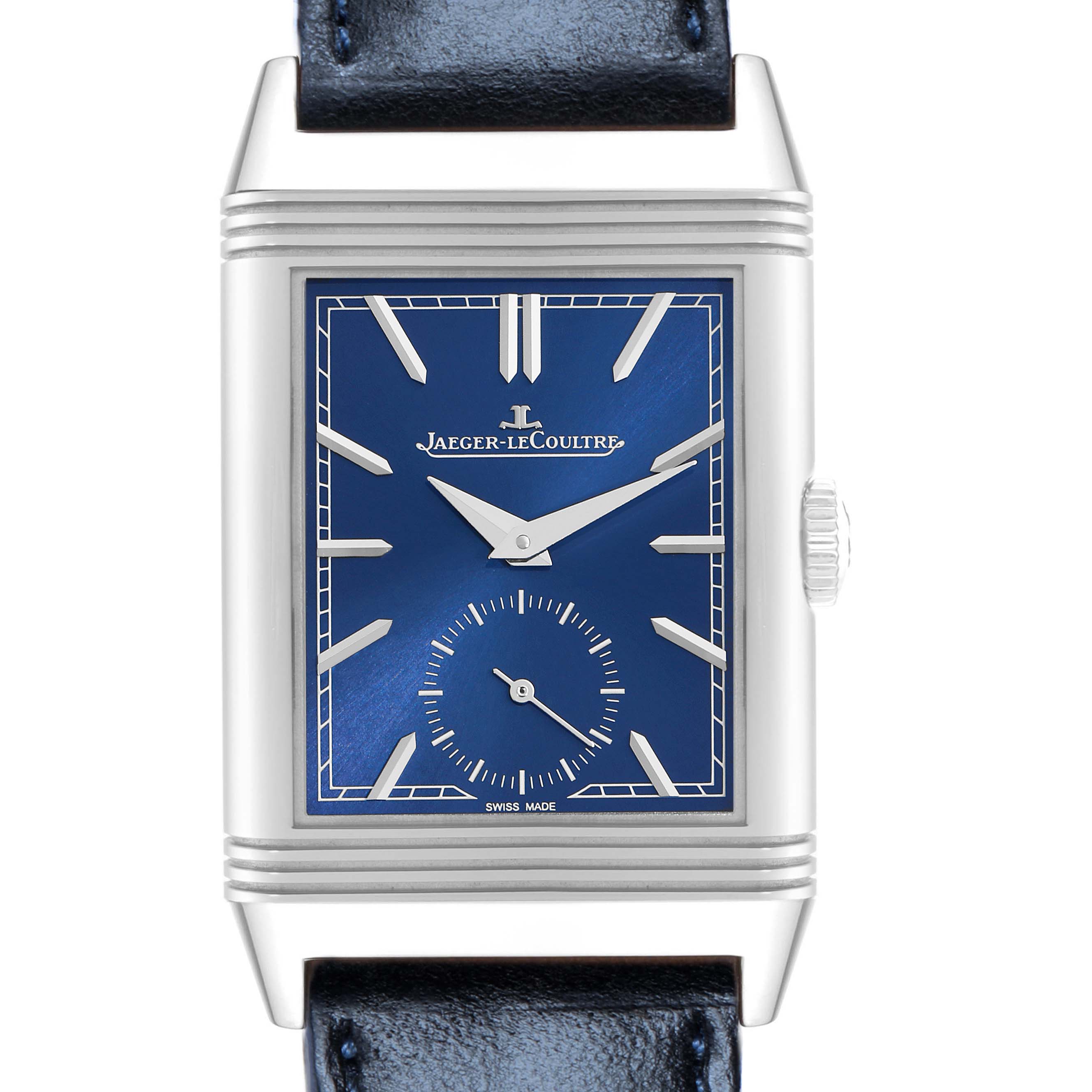 The Jaeger LeCoultre Reverso 214.8.62 Q3978480 Men
s Stainless Steel Blue Dial watch is shown from the front, highlighting its blue dial, rectangular case, and crown.