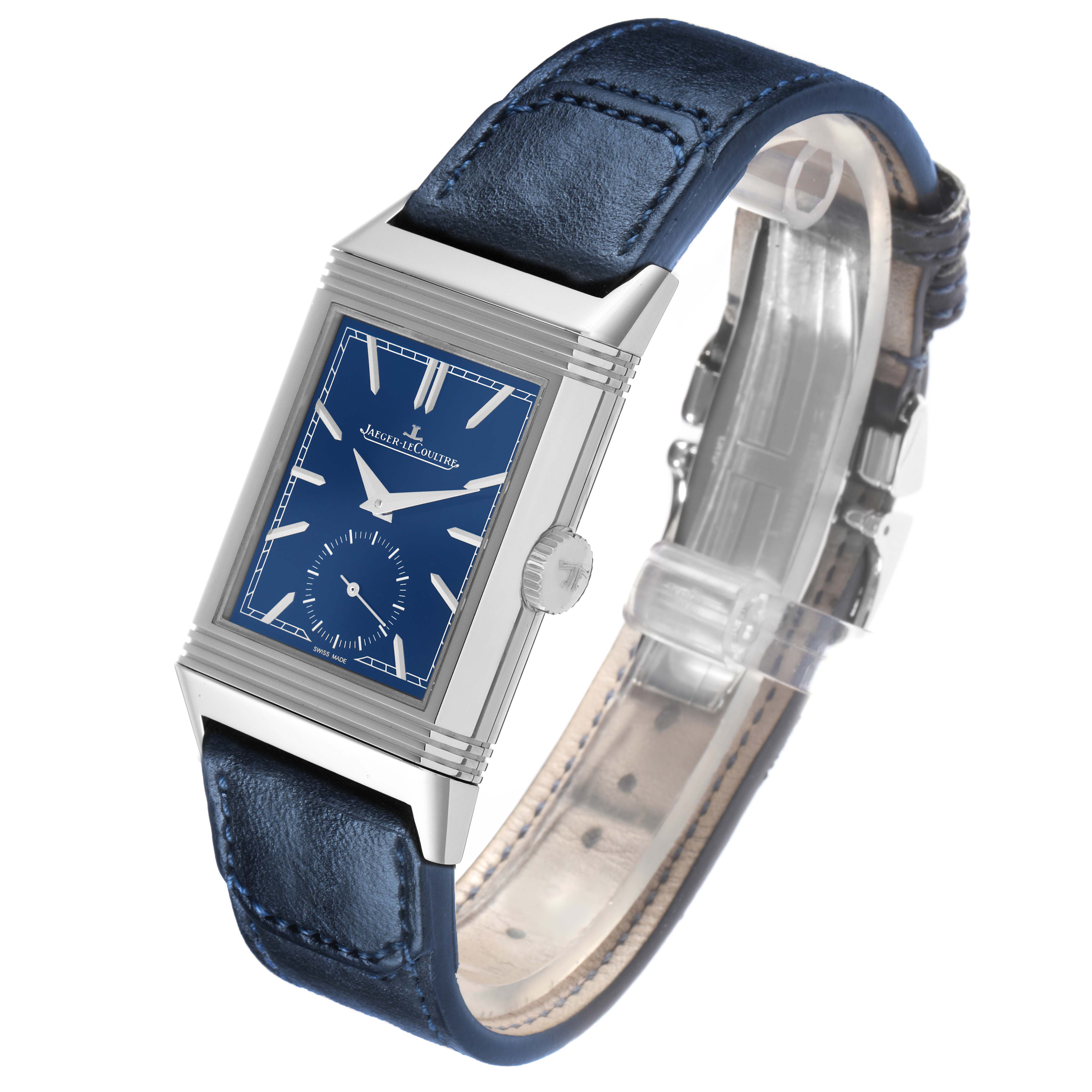 The Jaeger LeCoultre Reverso 214.8.62 Q3978480 Men
s Stainless Steel Blue Dial model is shown at an angled side view, highlighting its rectangular face, crown, and leather strap.