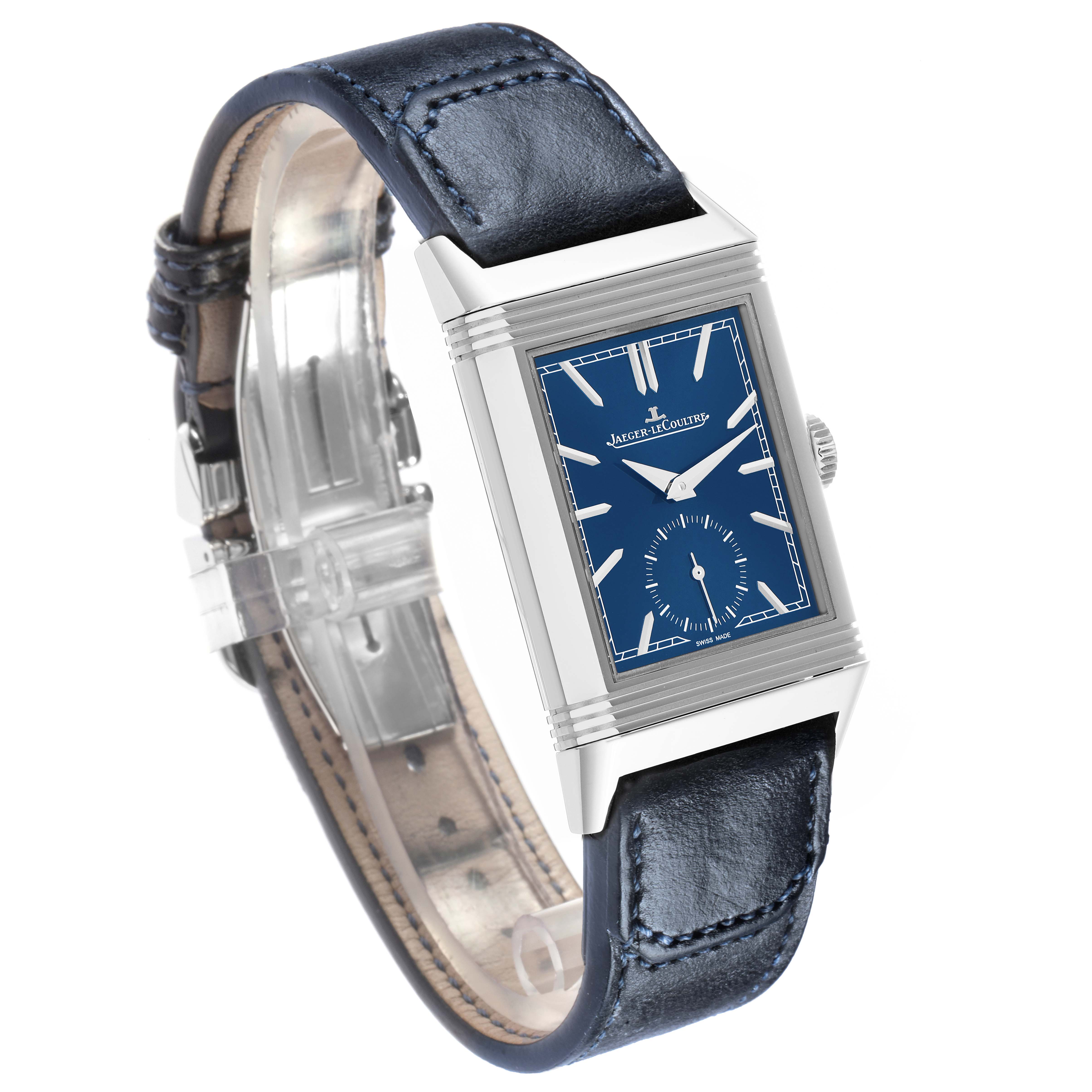 The Jaeger LeCoultre Reverso 214.8.62 Q3978480 Men
s Stainless Steel Blue Dial watch is shown at a slight angle, displaying the face, leather strap, and side crown.