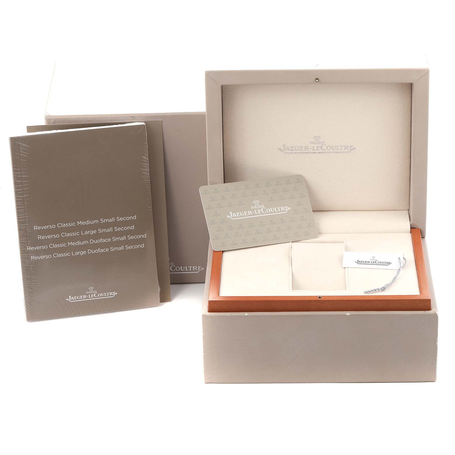 The image shows packaging components of a Jaeger LeCoultre Reverso 214.8.62 Q3978480 Men
s Stainless Steel Blue Dial model, including the box, booklet, and Best Quality
ity card.