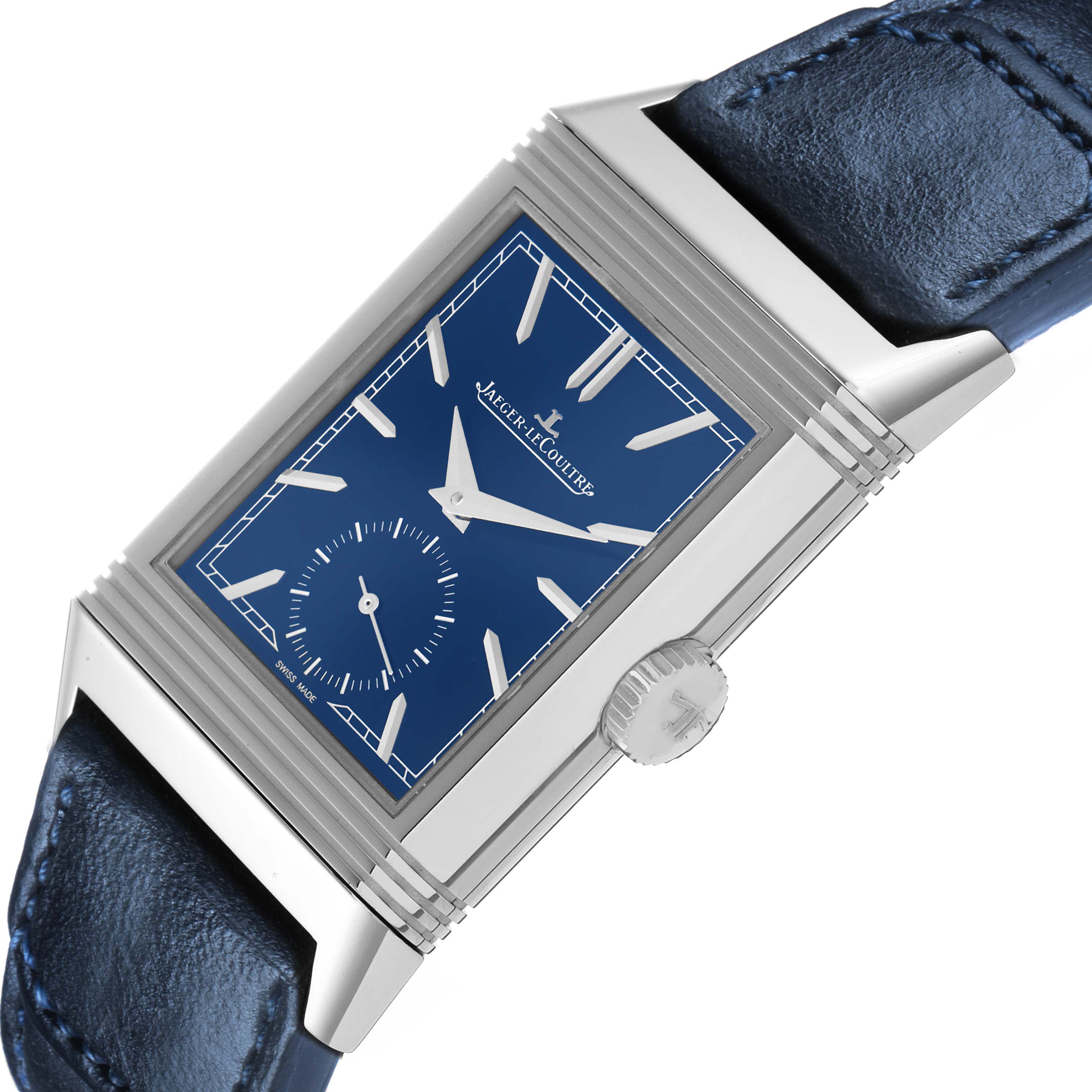 The Jaeger-LeCoultre Reverso model is shown at an angle highlighting its rectangular face, blue dial, crown, and leather strap.
