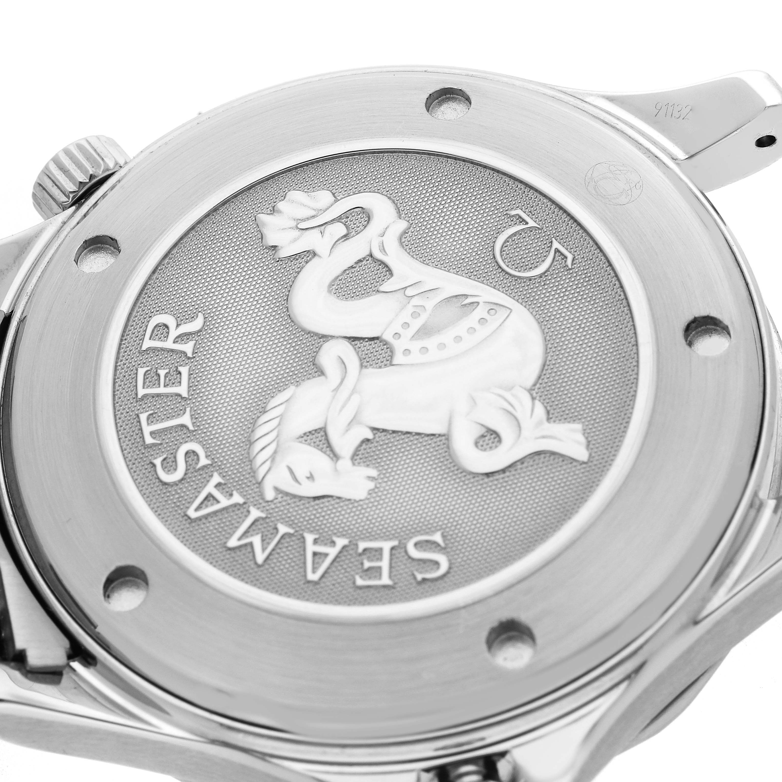 The image shows the back of an Omega Seamaster 212.30.41.61.01.001 Men
s Stainless Steel Black Dial watch, highlighting the case back with the embossed logo and text.