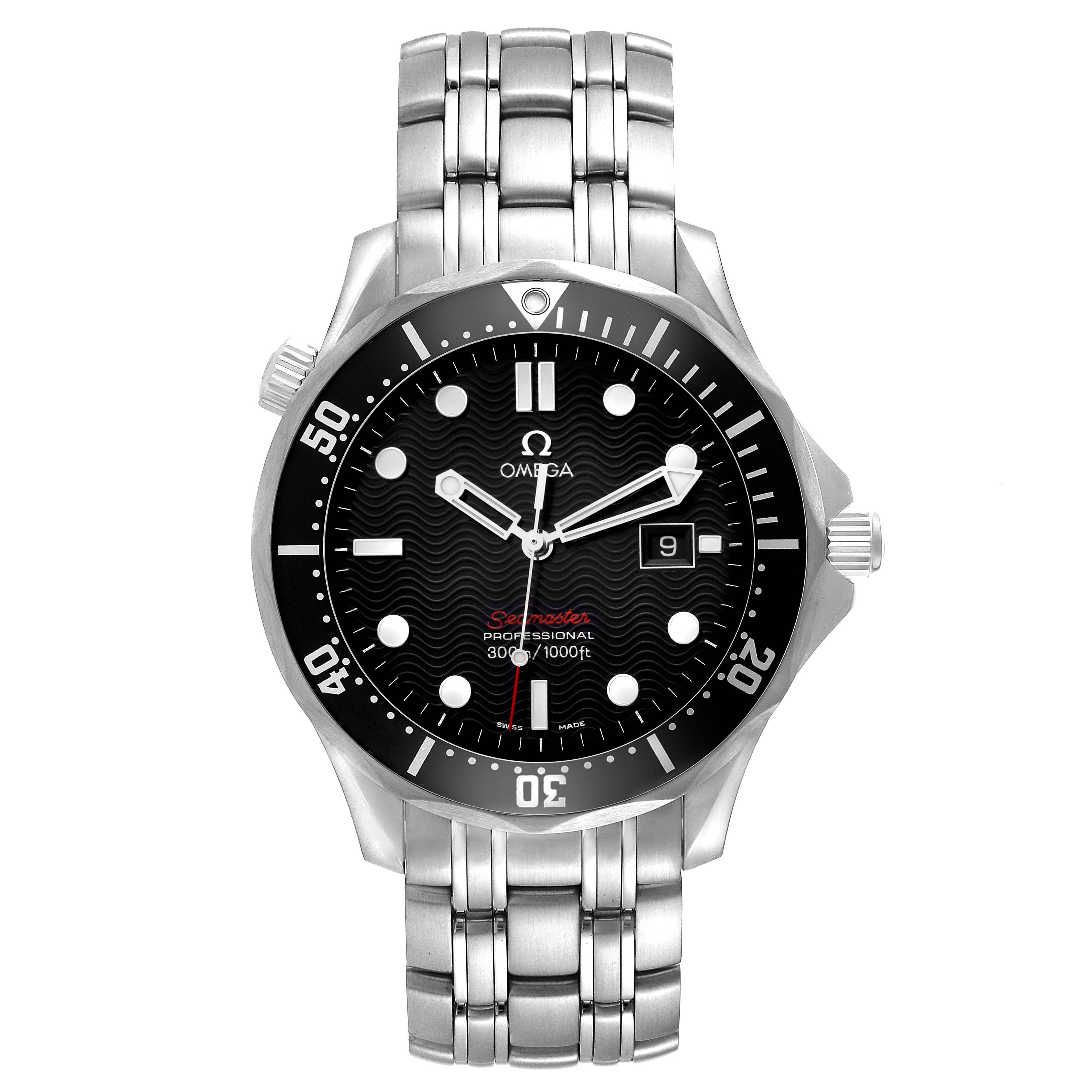 The Omega Seamaster 212.30.41.61.01.001 Men
s Stainless Steel Black Dial watch is shown from the front, highlighting its face, bezel, and bracelet.