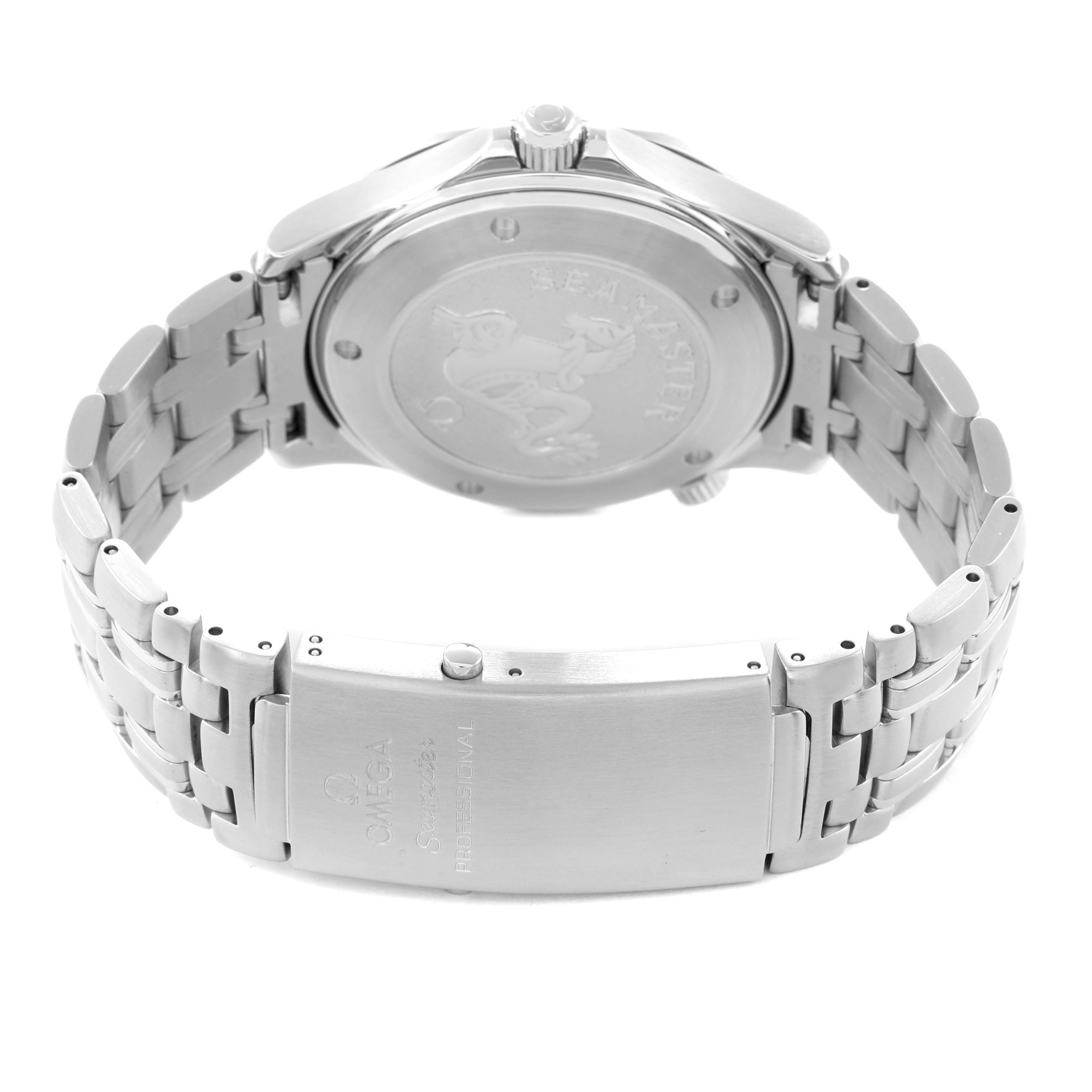 The image shows the back of the Omega Seamaster 212.30.41.61.01.001 Men
s Stainless Steel Black Dial watch, highlighting the case back and stainless steel bracelet clasp.