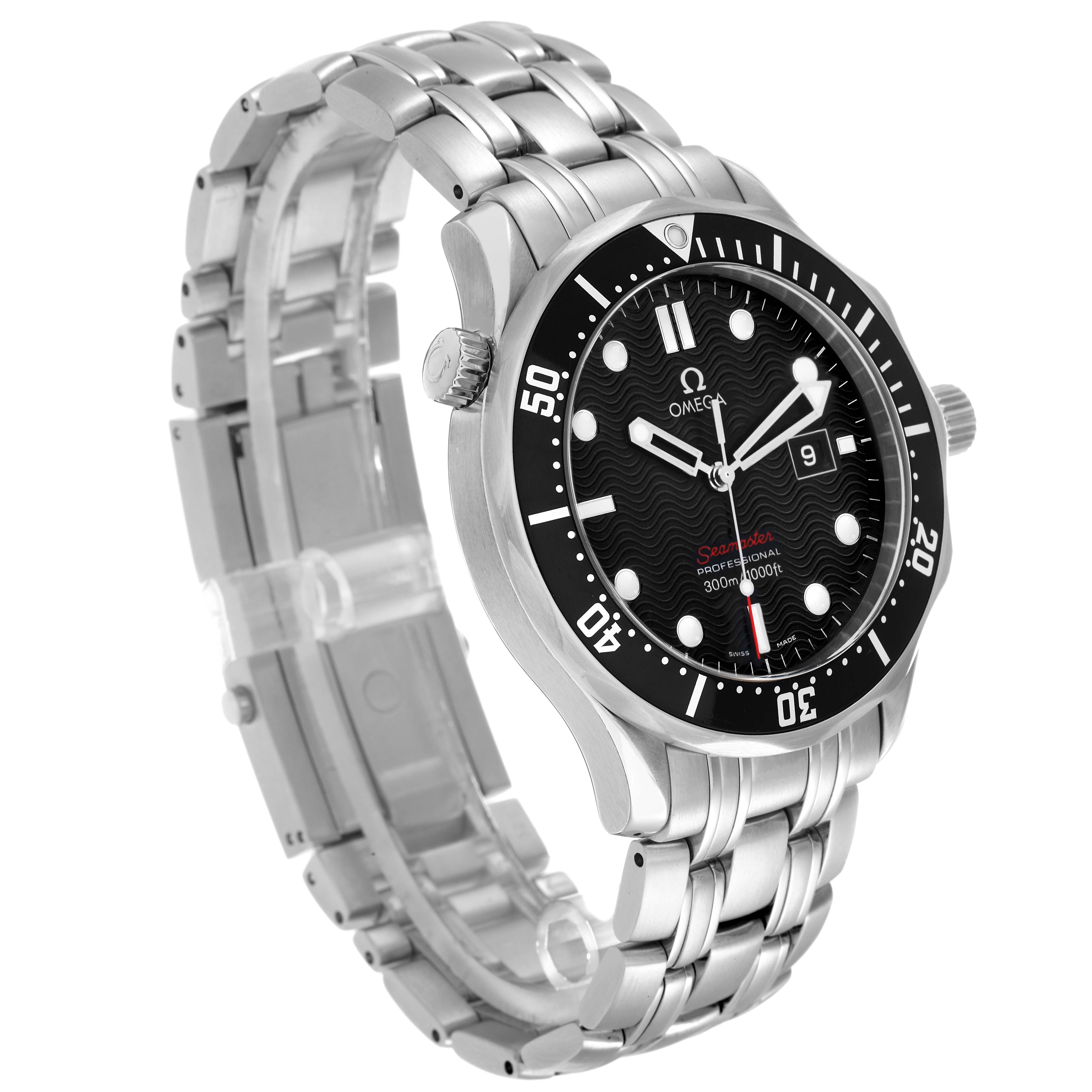 The Omega Seamaster 212.30.41.61.01.001 Men
s Stainless Steel Black Dial watch is shown at an angle highlighting the bracelet, bezel, and face with visible markers and a date window.