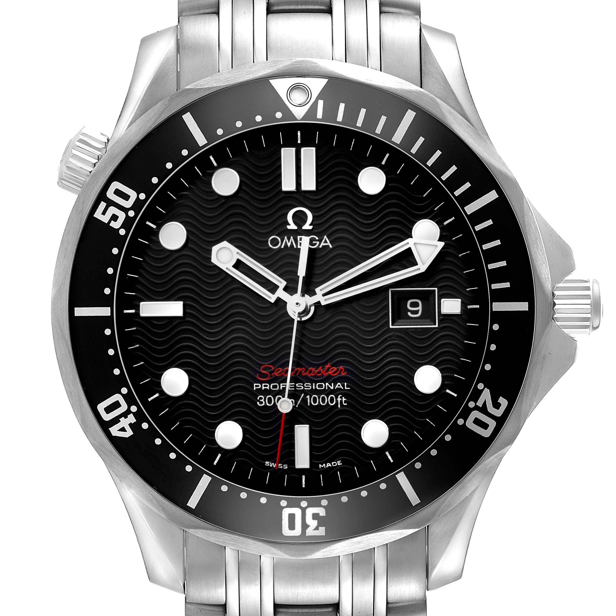 The Omega Seamaster 212.30.41.61.01.001 Men
s Stainless Steel Black Dial watch is shown from a frontal angle, displaying the dial, bezel, bracelet, and crown.