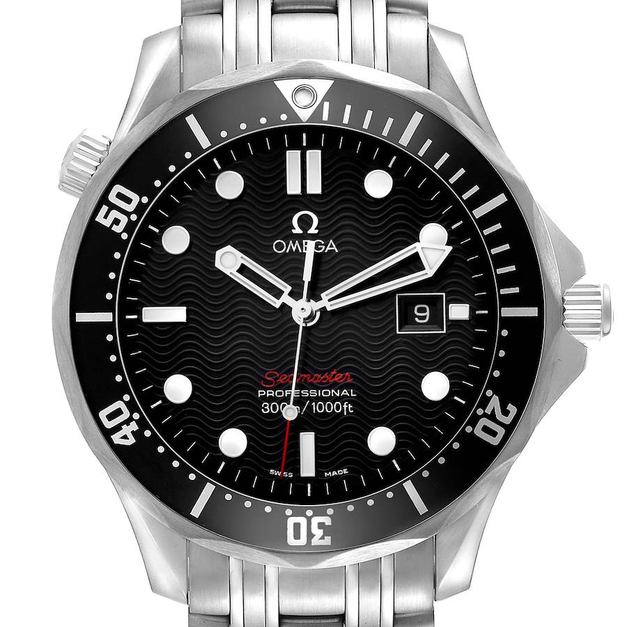 The Omega Seamaster model 212.30.41.61.01.001 is shown from the front, displaying the dial, bezel, hands, date window, and part of the bracelet.