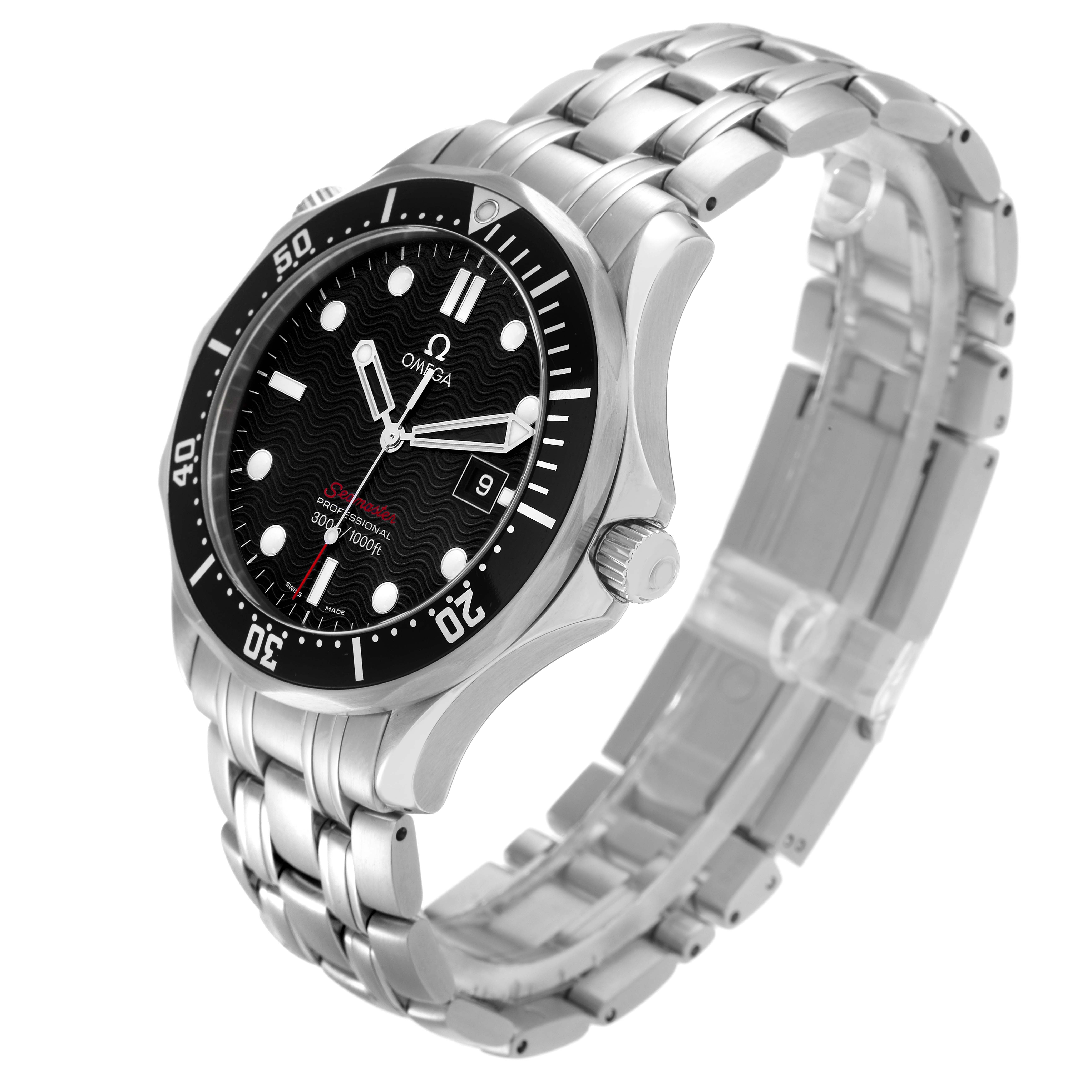 The Omega Seamaster 212.30.41.61.01.001 Men
s Stainless Steel Black Dial watch is shown at a three-quarter angle, highlighting the bracelet, bezel, crown, and dial details.